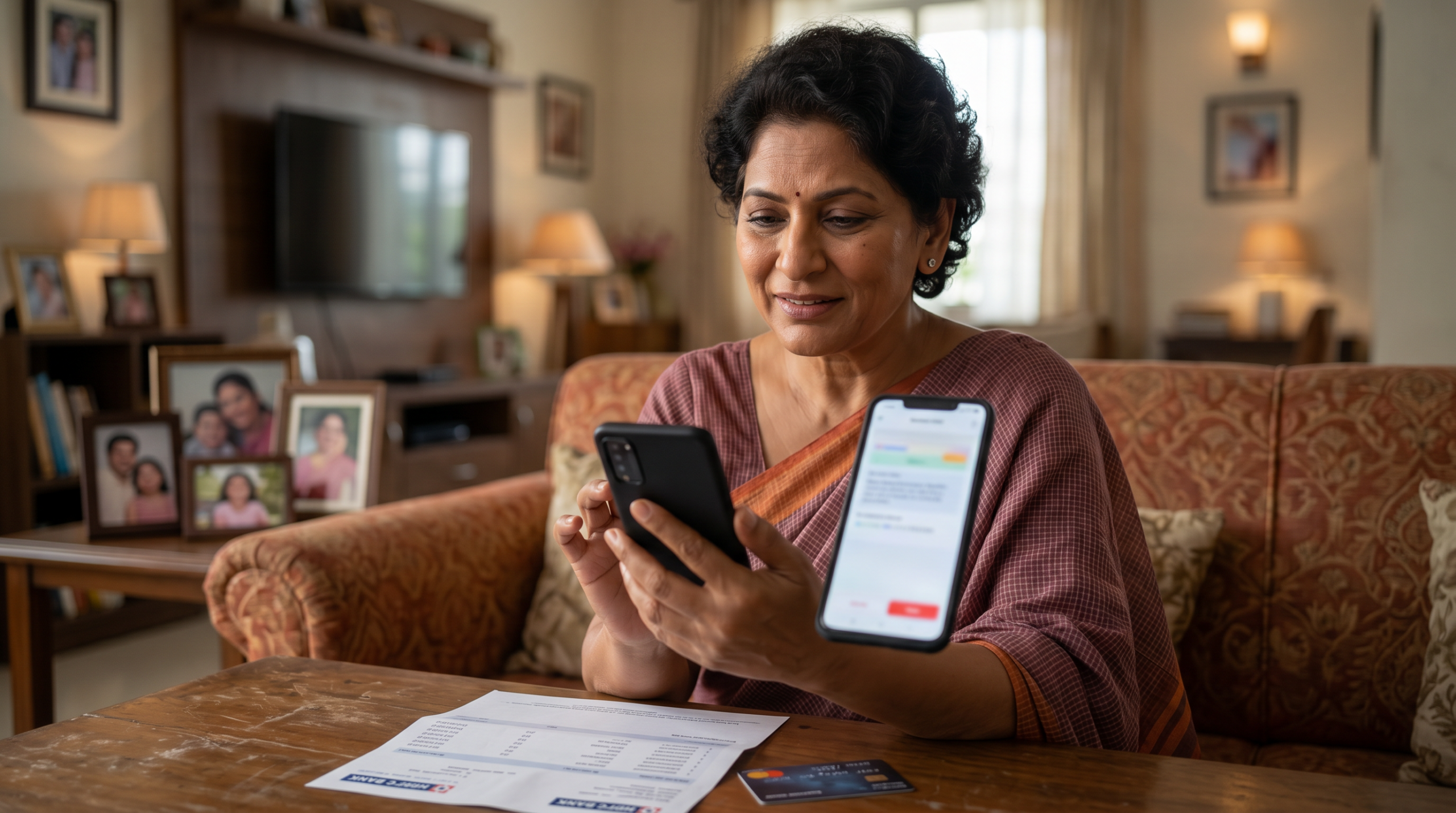 A person checking a credit card statement on a smartphone, alert to unauthorized transactions and potential credit card fraud