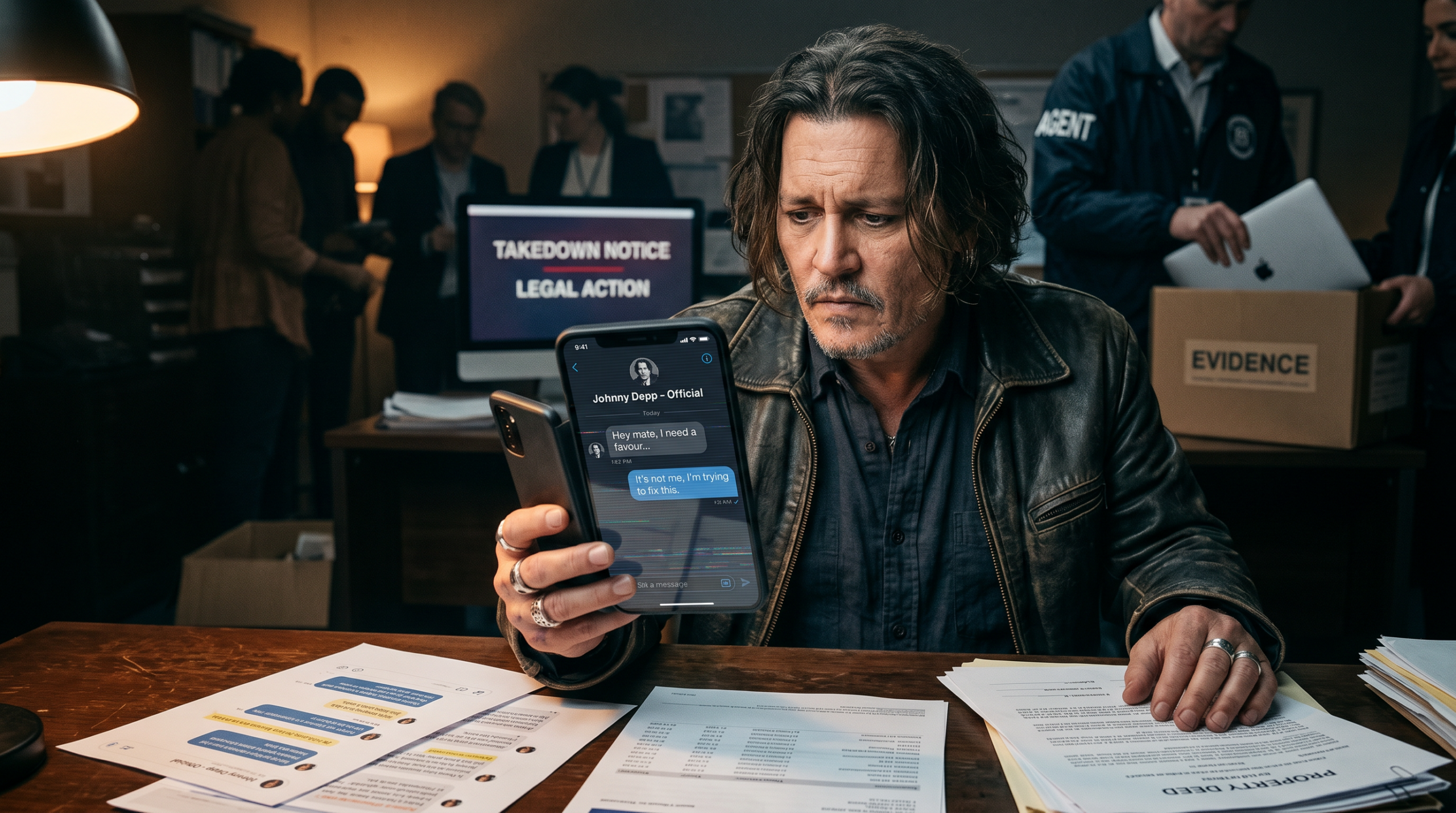 A digital rendering of a smartphone displaying a fake social media account with Johnny Depp's image and a caution sign indicating a deepfake scam.