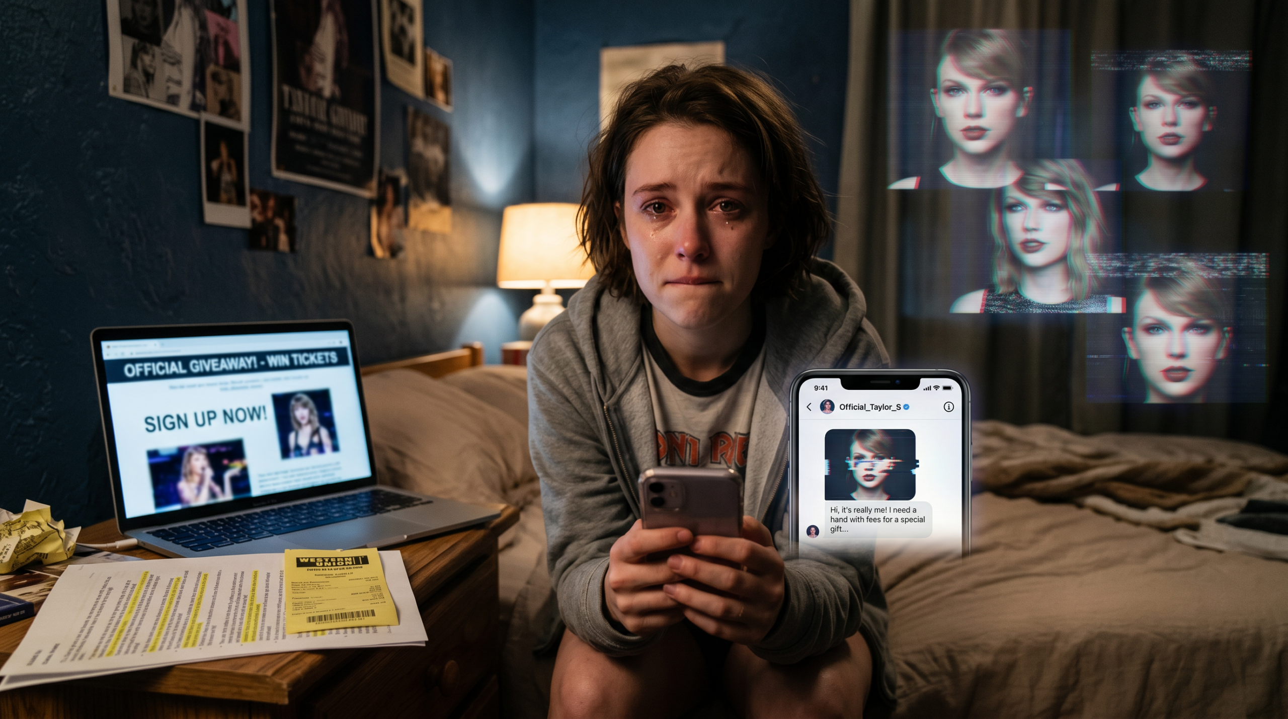 A split screen showing a real celebrity next to a deepfake AI-generated duplicate on a smartphone screen, illustrating AI celebrity impersonation scams.