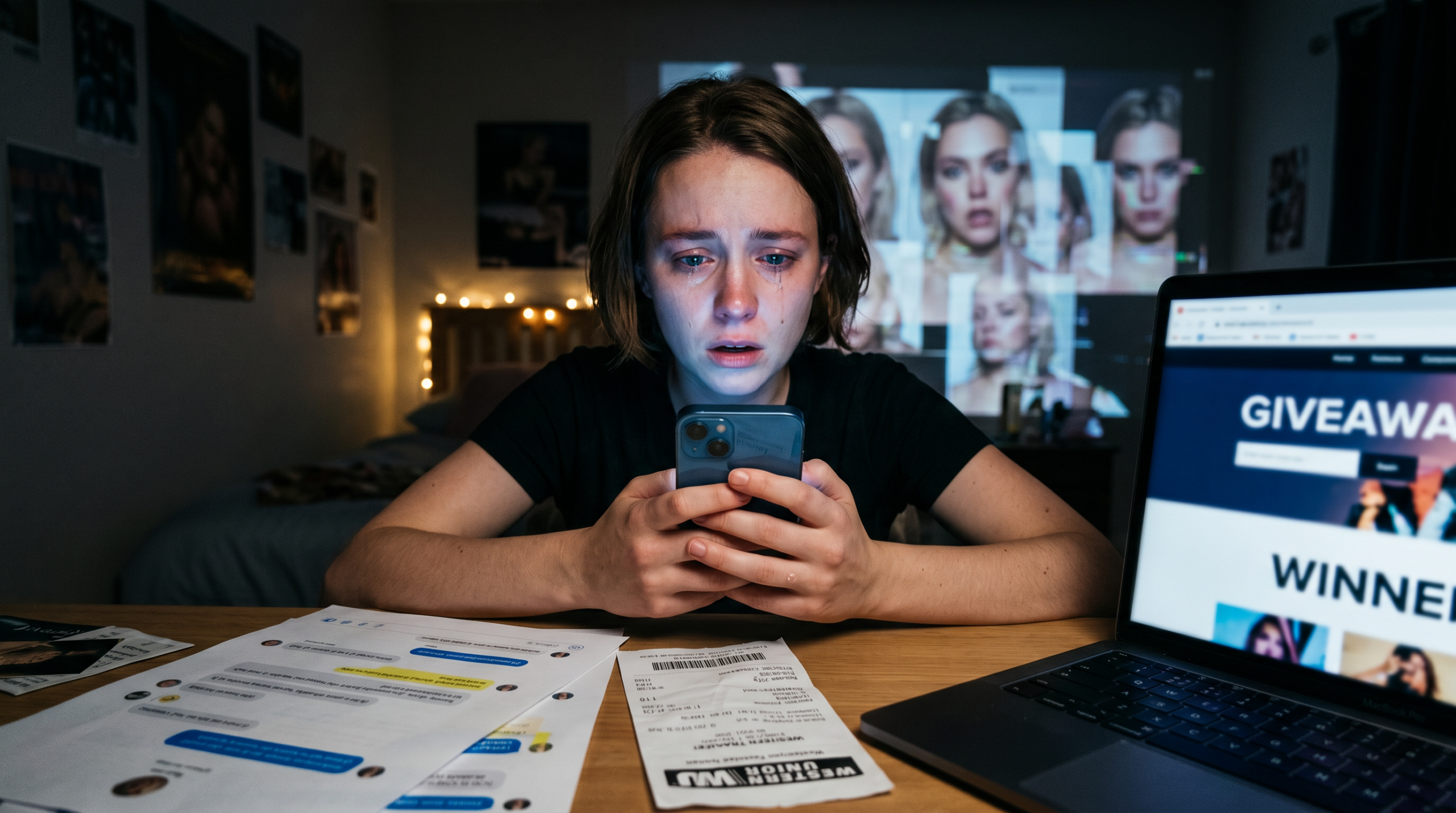 A person on a smartphone receiving a suspicious message from a fake celebrity social media account