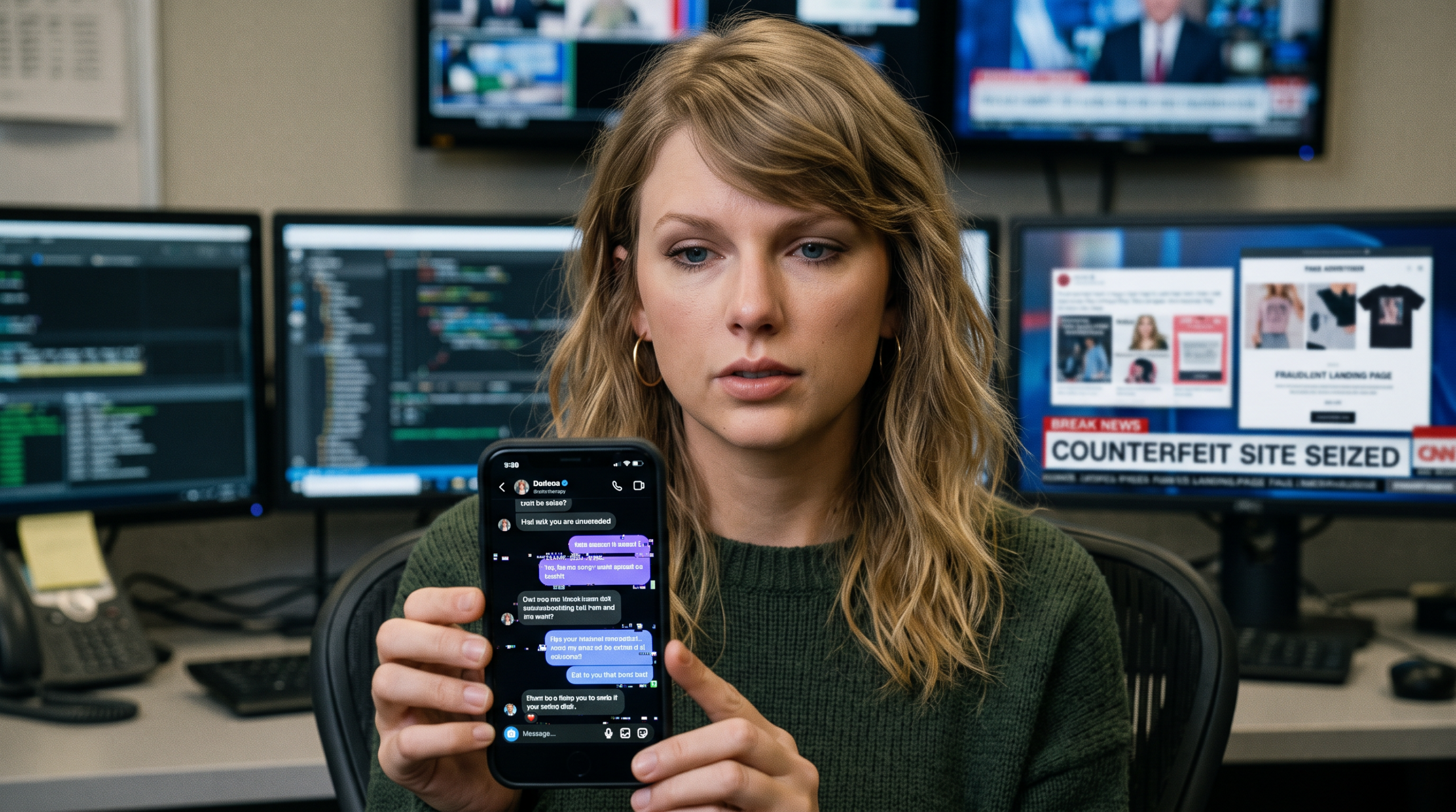A digital screen showing a distorted AI-generated celebrity face used in a deepfake scam warning graphic