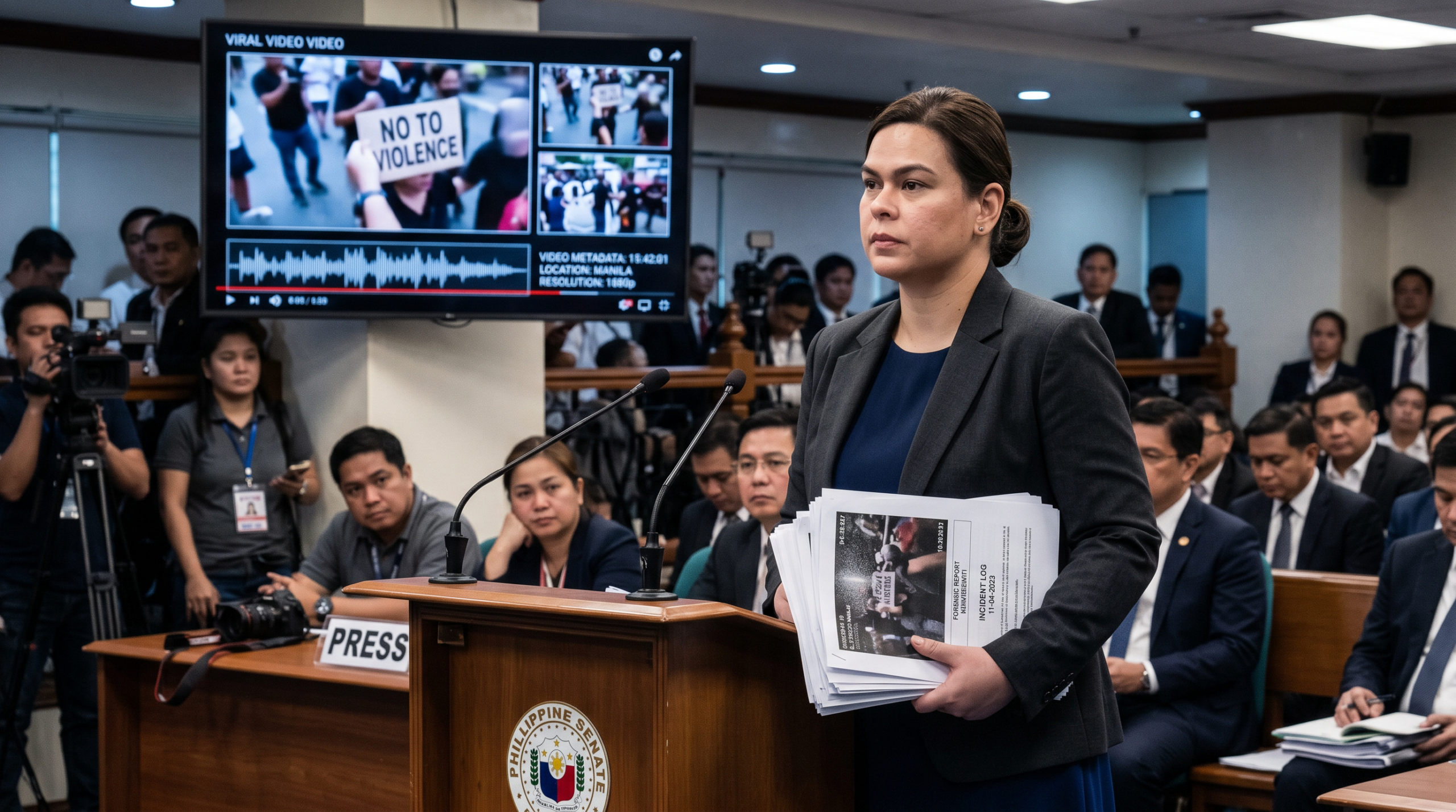 Digital forensics analyst examining video footage on multiple screens during a political investigation in a government lab setting