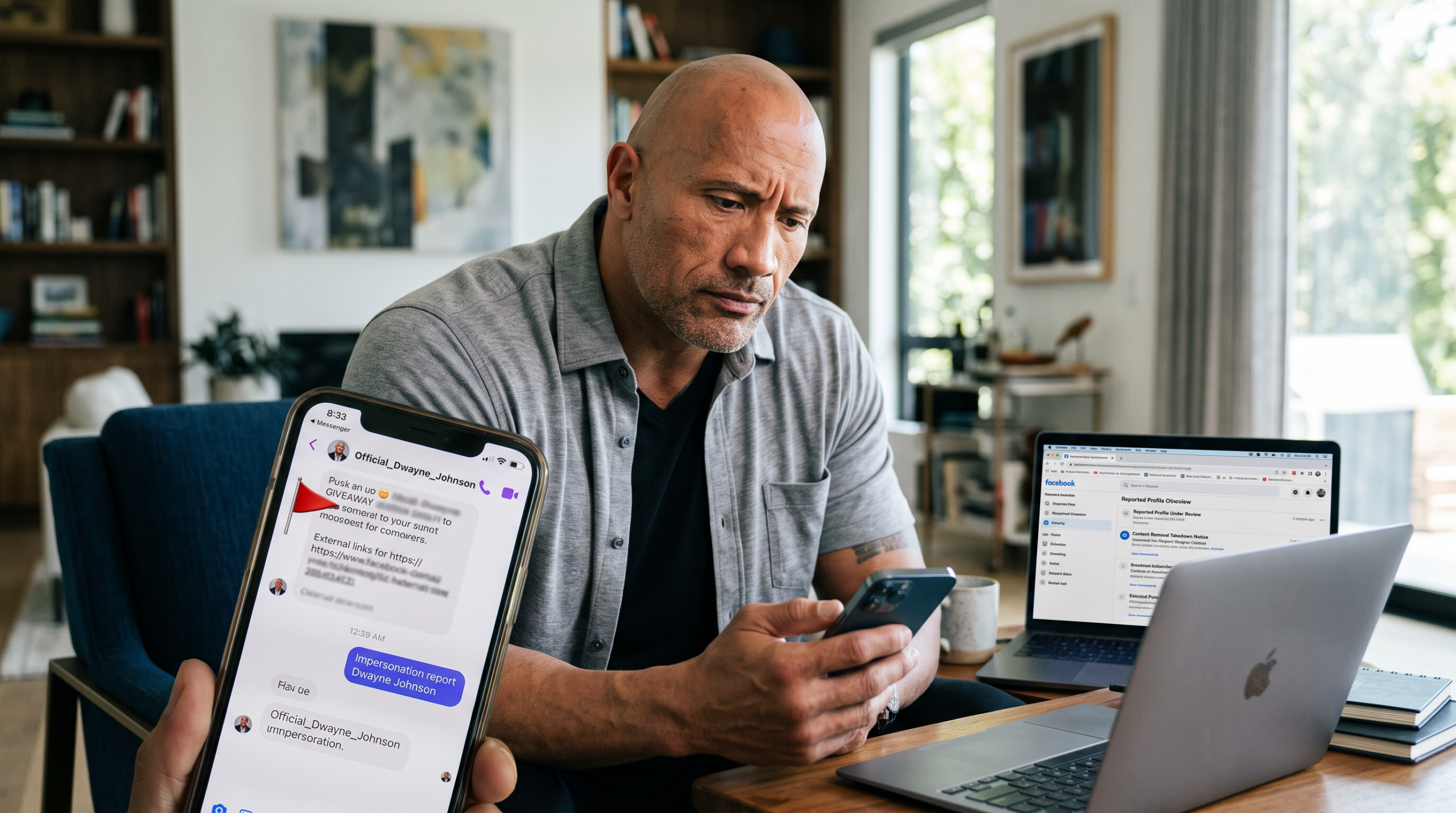Illustration of a fake celebrity Facebook profile with a scam warning alert overlay on a smartphone screen
