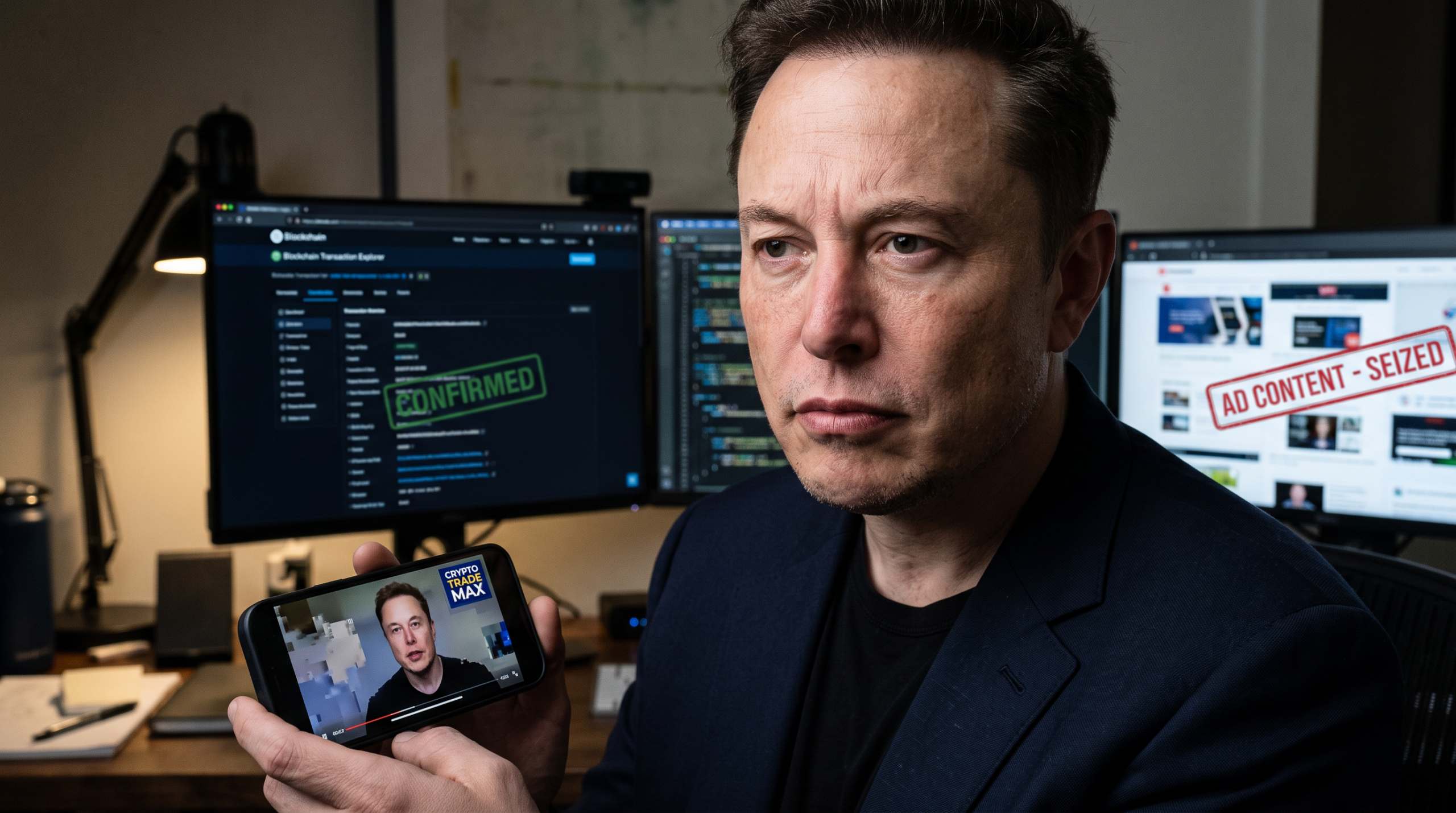 A split screen showing a real video feed next to an AI-generated deepfake of a public figure promoting a fake investment platform on a laptop screen.