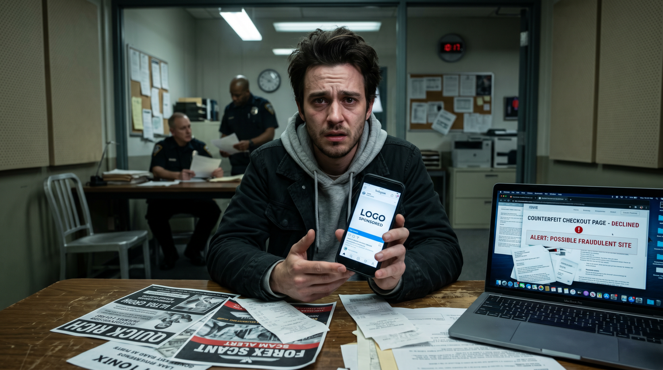 Hand holding a smartphone displaying a fake influencer-sponsored ad, with worried person in background