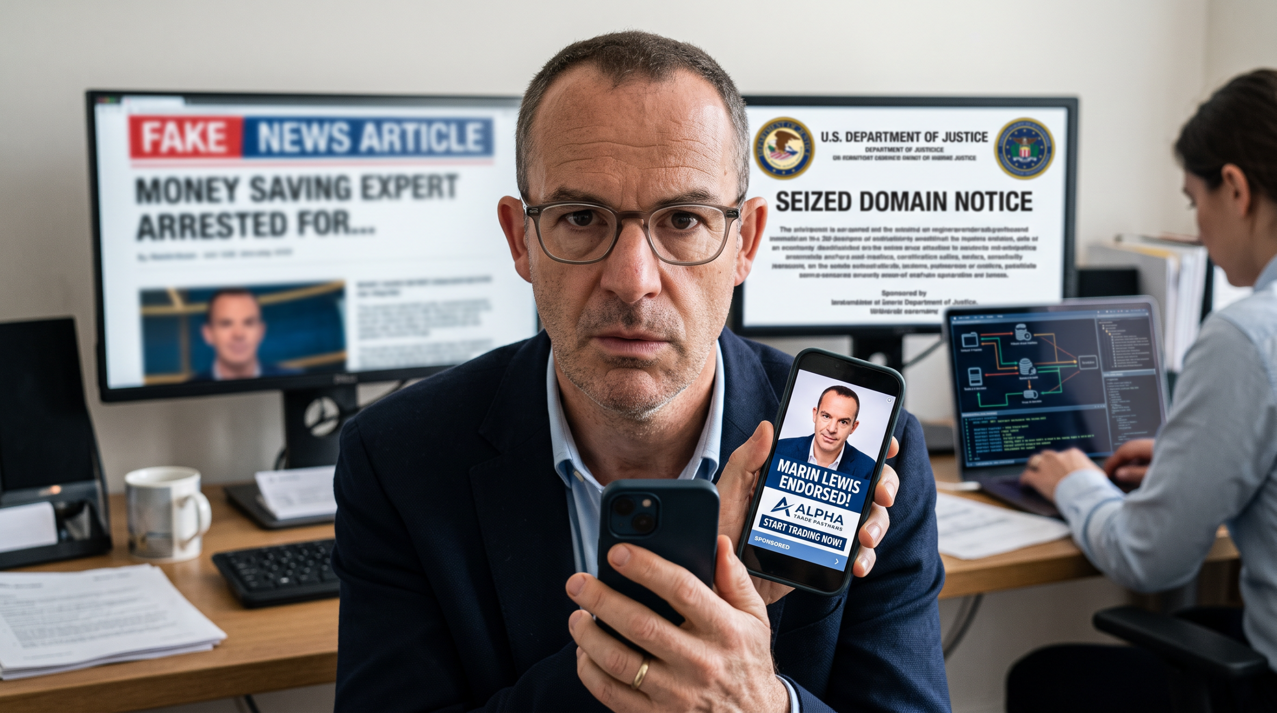 Laptop screen showing a fake celebrity investment ad next to a warning sign, representing a deepfake investment scam
