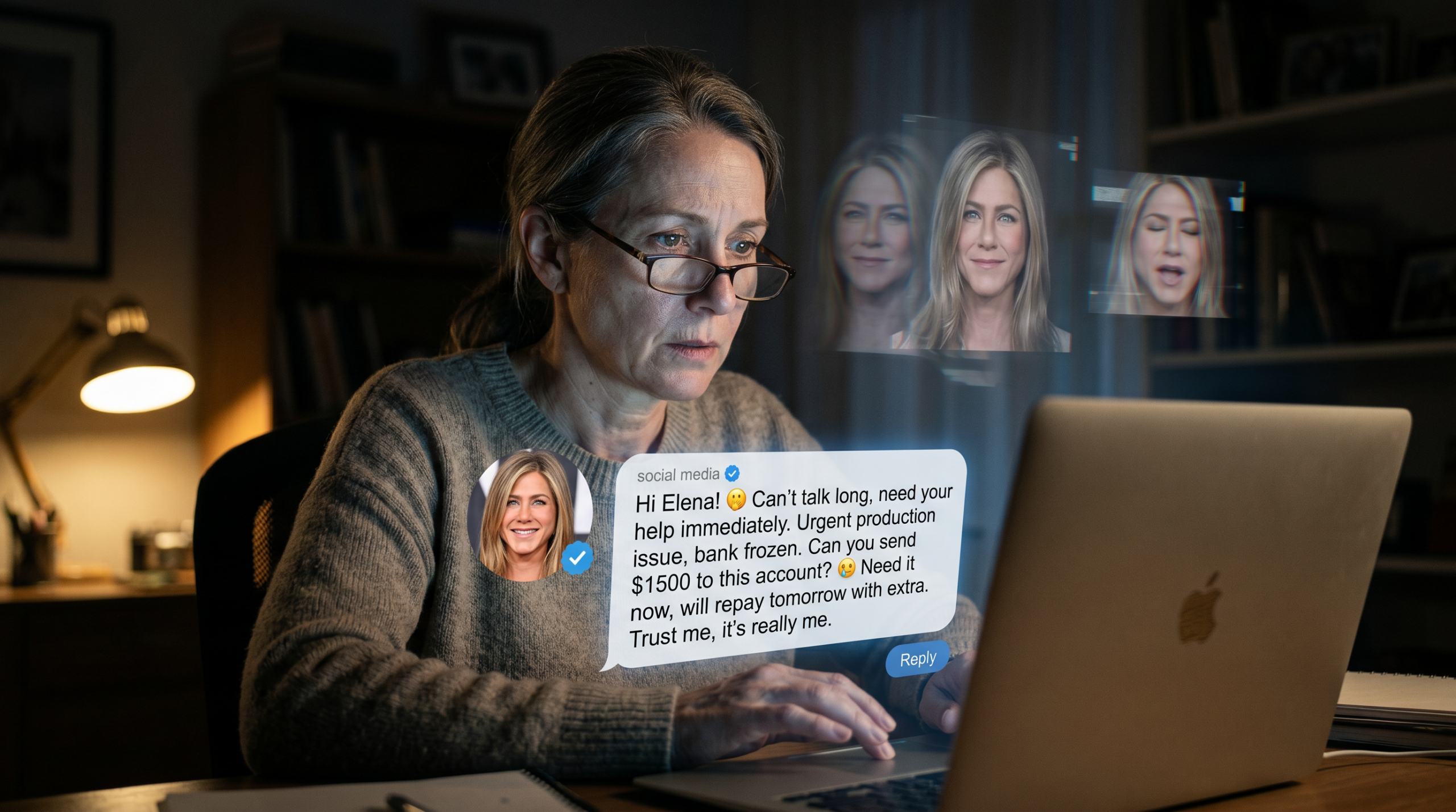 Illustrated warning graphic about celebrity impersonation scams on social media with fake profile icons and alert symbols