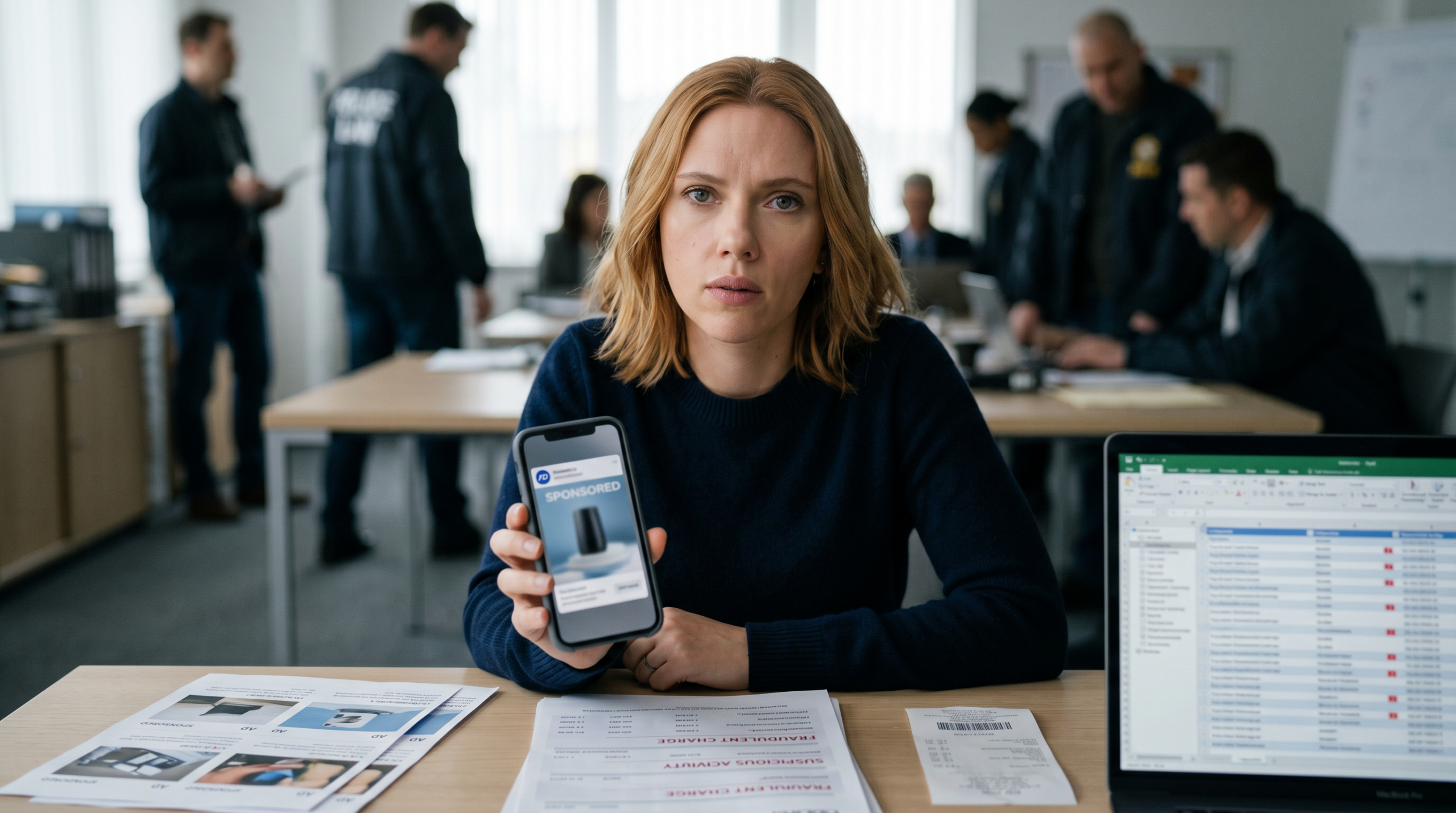 Scarlett Johansson celebrity impersonation scam warning graphic with fake social media ad overlay