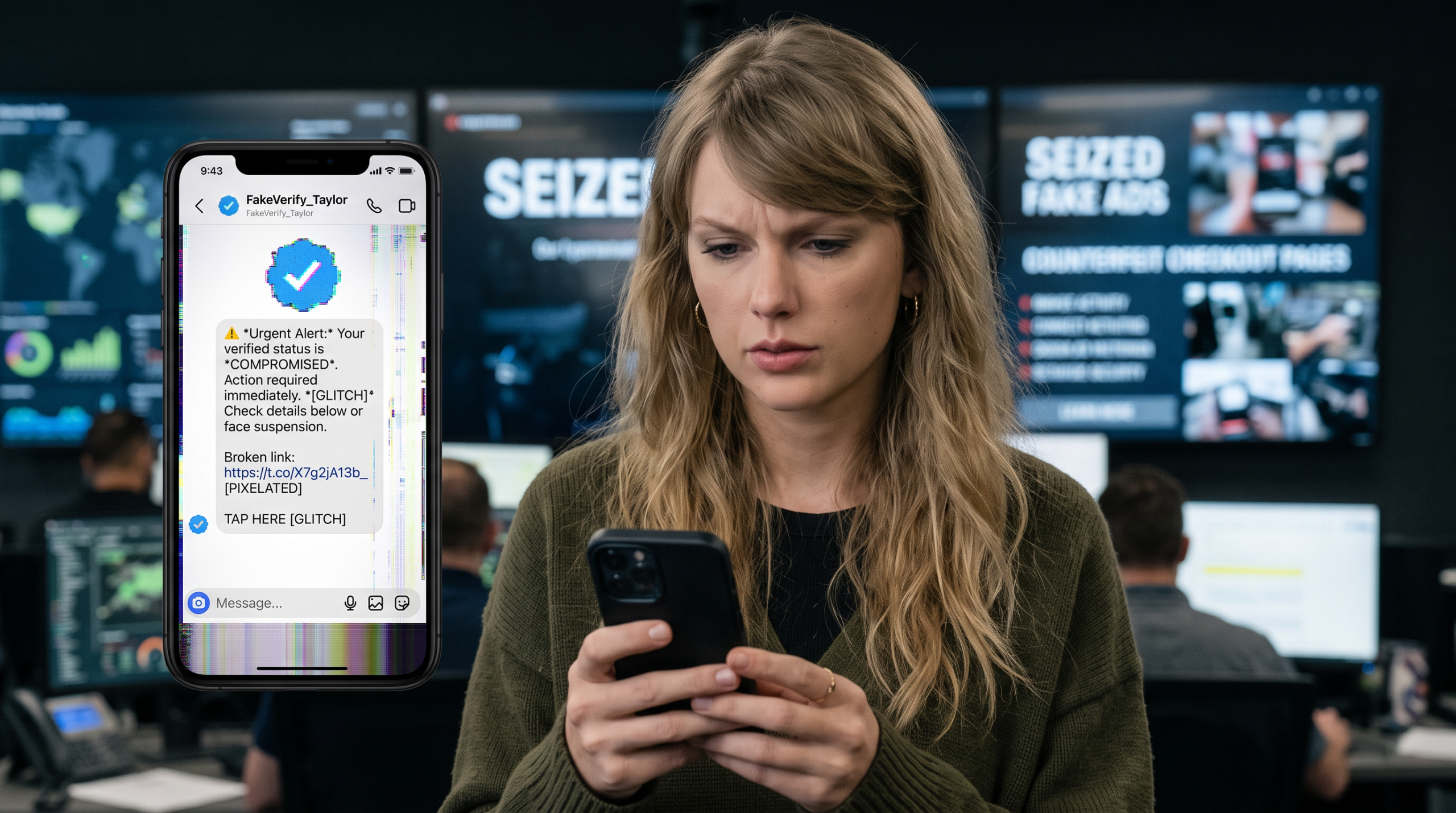 A blurred social media profile screen showing a fake celebrity account with warning symbols, representing a Taylor Swift impersonation scam