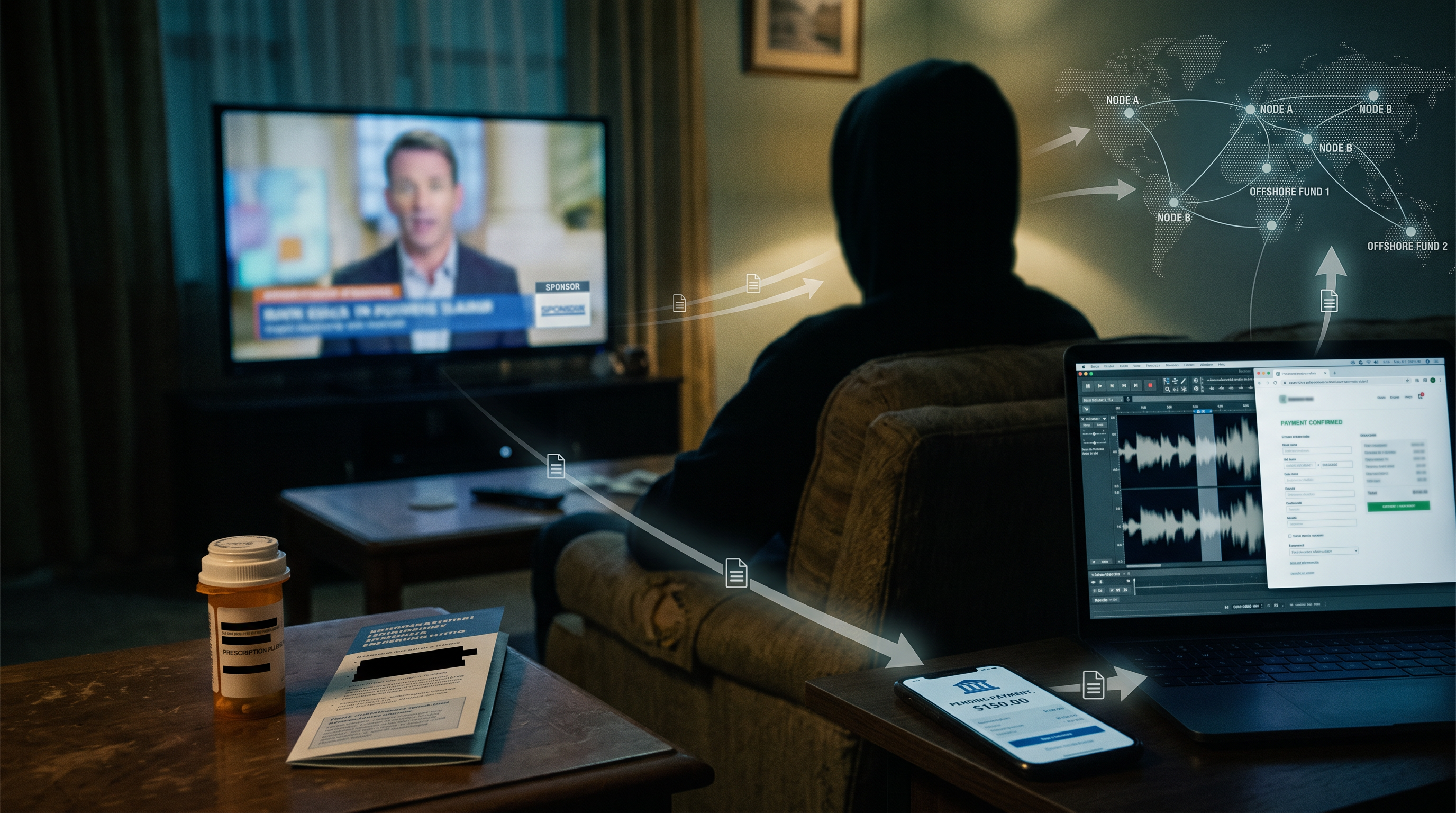 A digital screen displaying a manipulated video of a celebrity endorsing a fake health product, illustrating an Antonio Banderas deepfake health scam