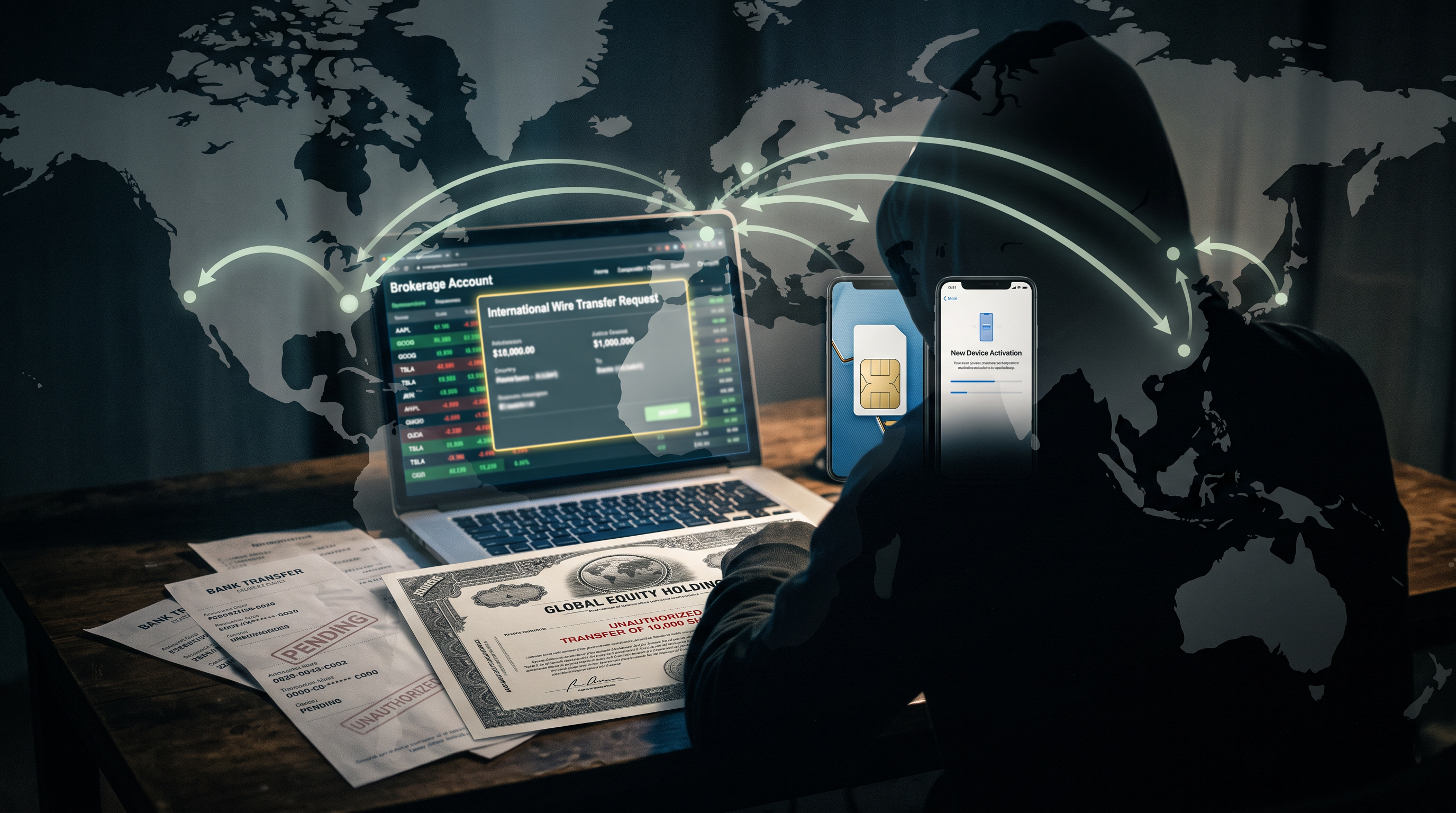South Korean courtroom gavel beside a digital screen showing hacked brokerage accounts and HYBE stock data