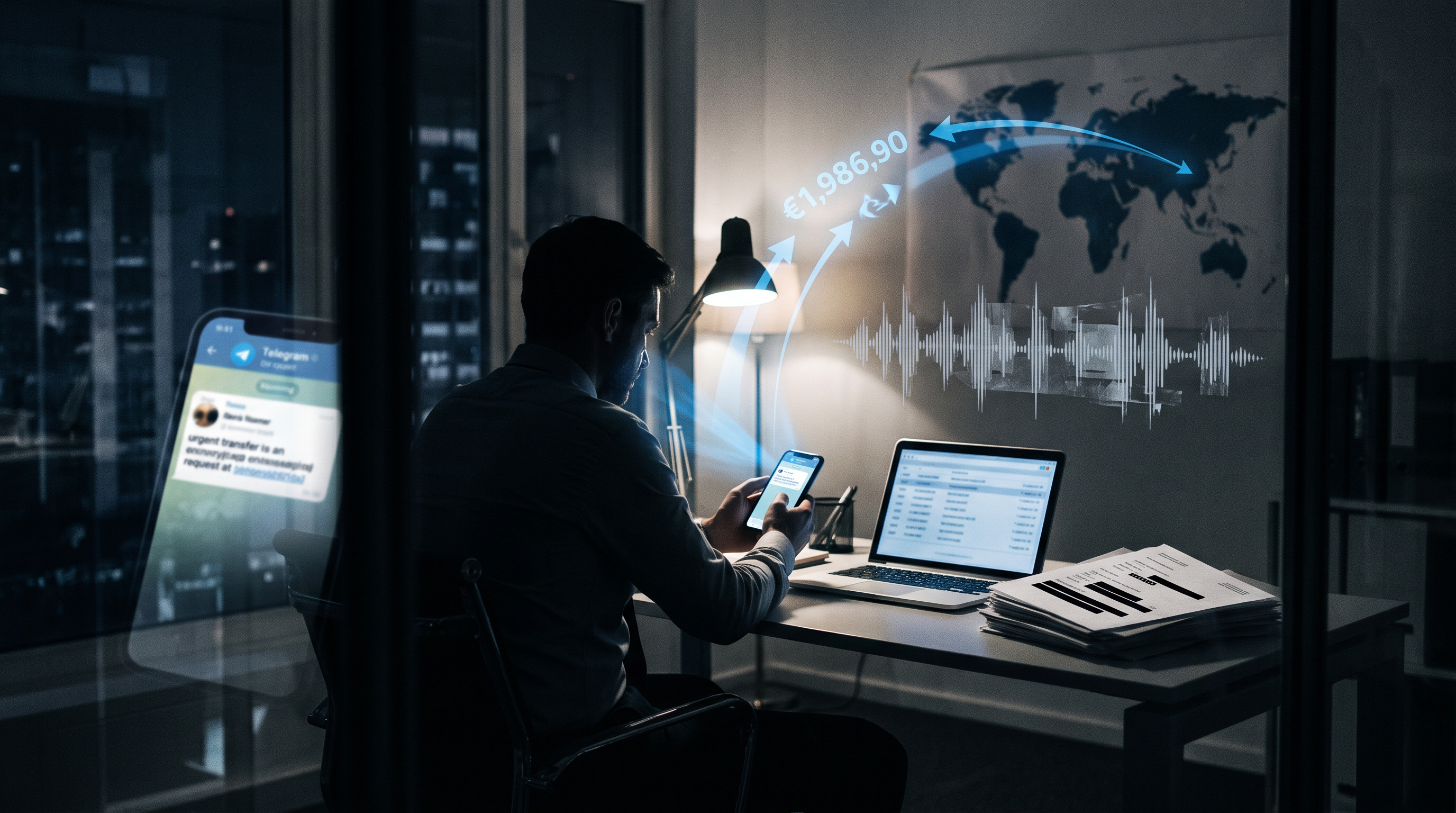 Banker at a desk looking at a smartphone showing a messaging app alert while a phone call is in progress