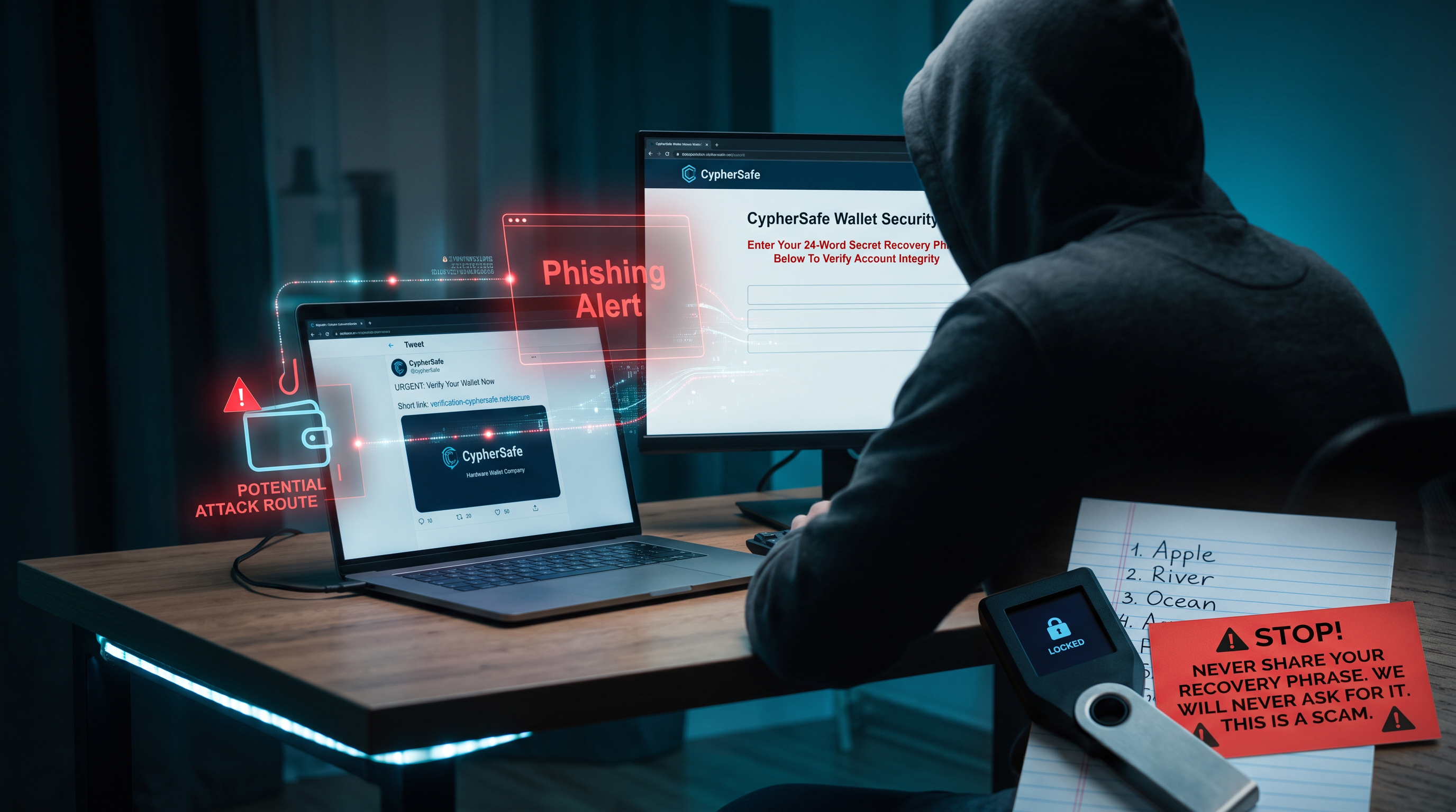 Bitcoin hardware wallet beside a laptop showing a suspicious security warning on a social media page