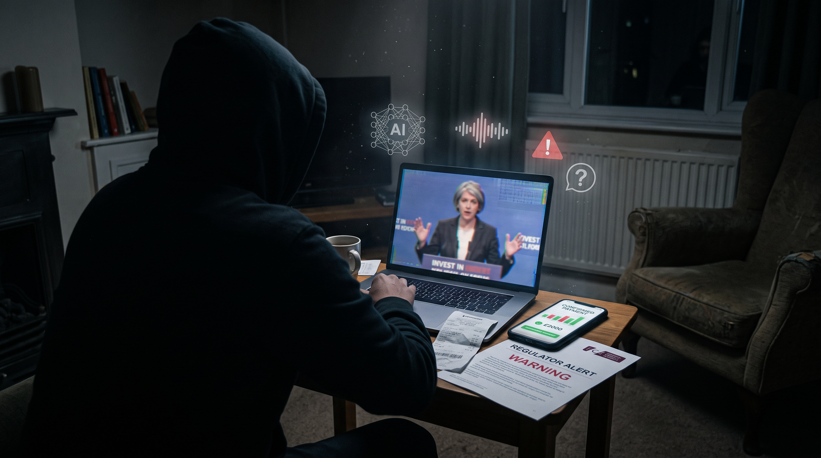 Deepfake video still showing a digitally altered figure resembling a political leader promoting a fake crypto investment platform on a screen