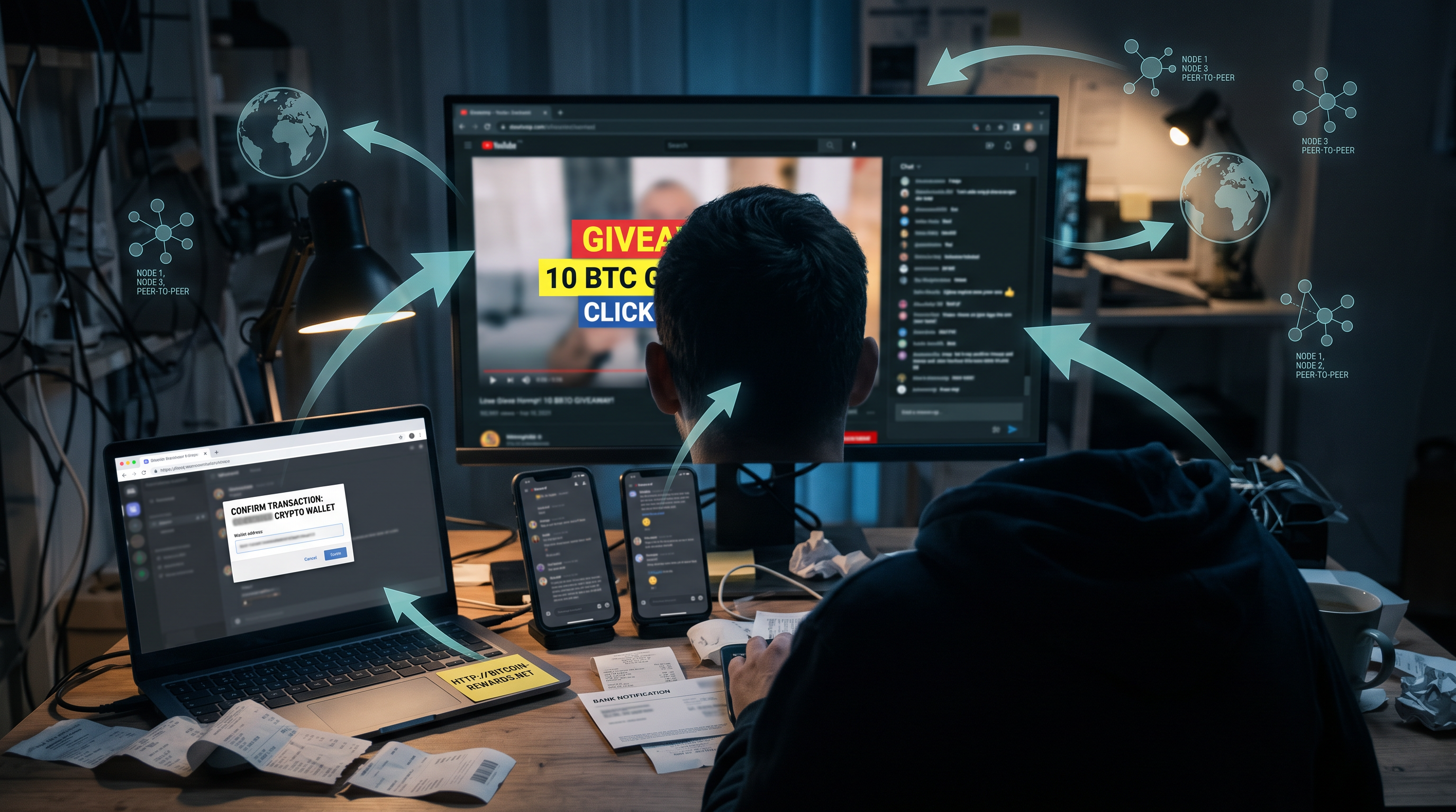 Fake MrBeast giveaway scam alert displayed on a laptop screen with a crypto wallet prompt