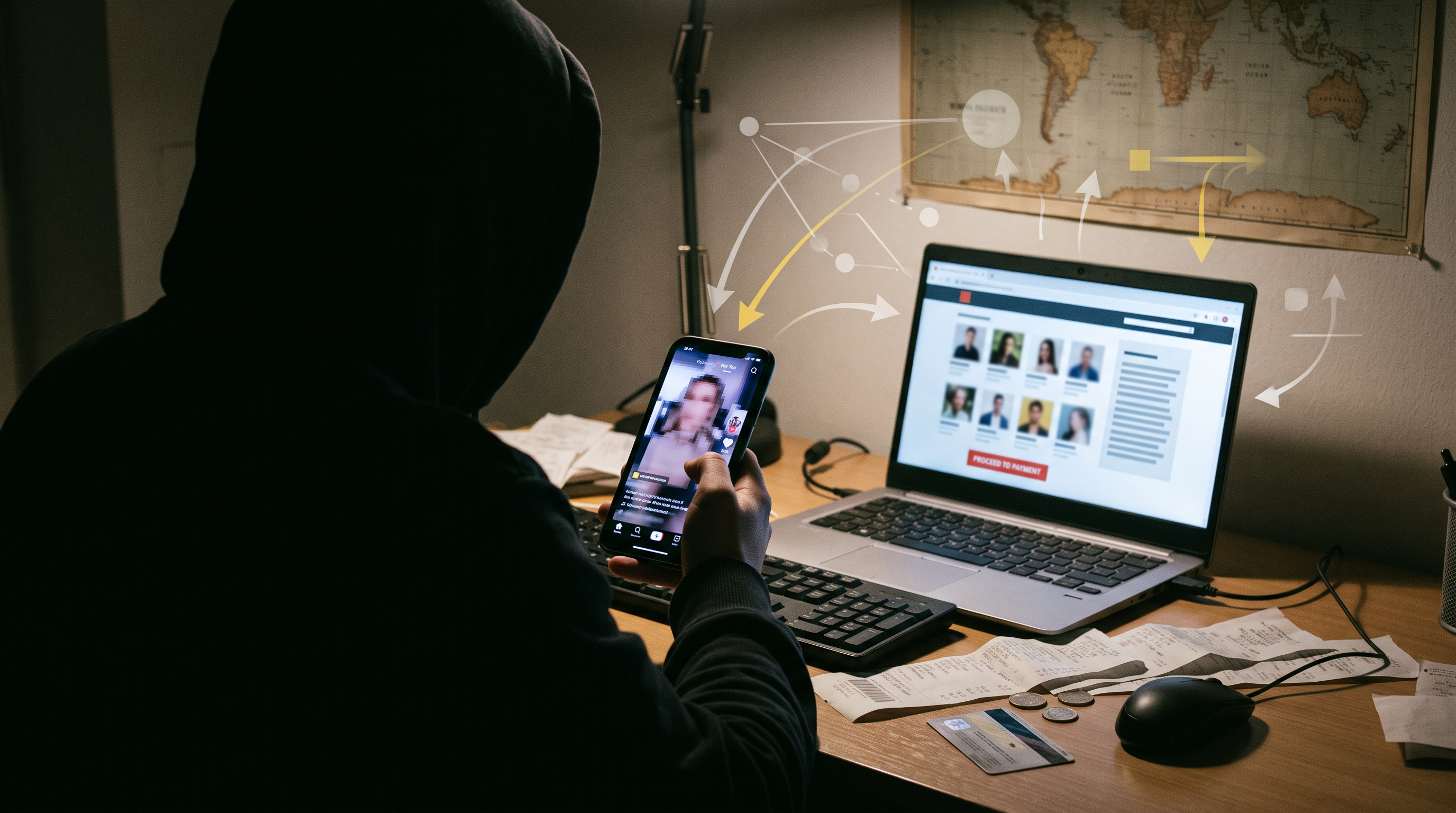 Deepfake warning graphic showing a digitally manipulated face next to a fraud alert symbol representing celebrity impersonation scams