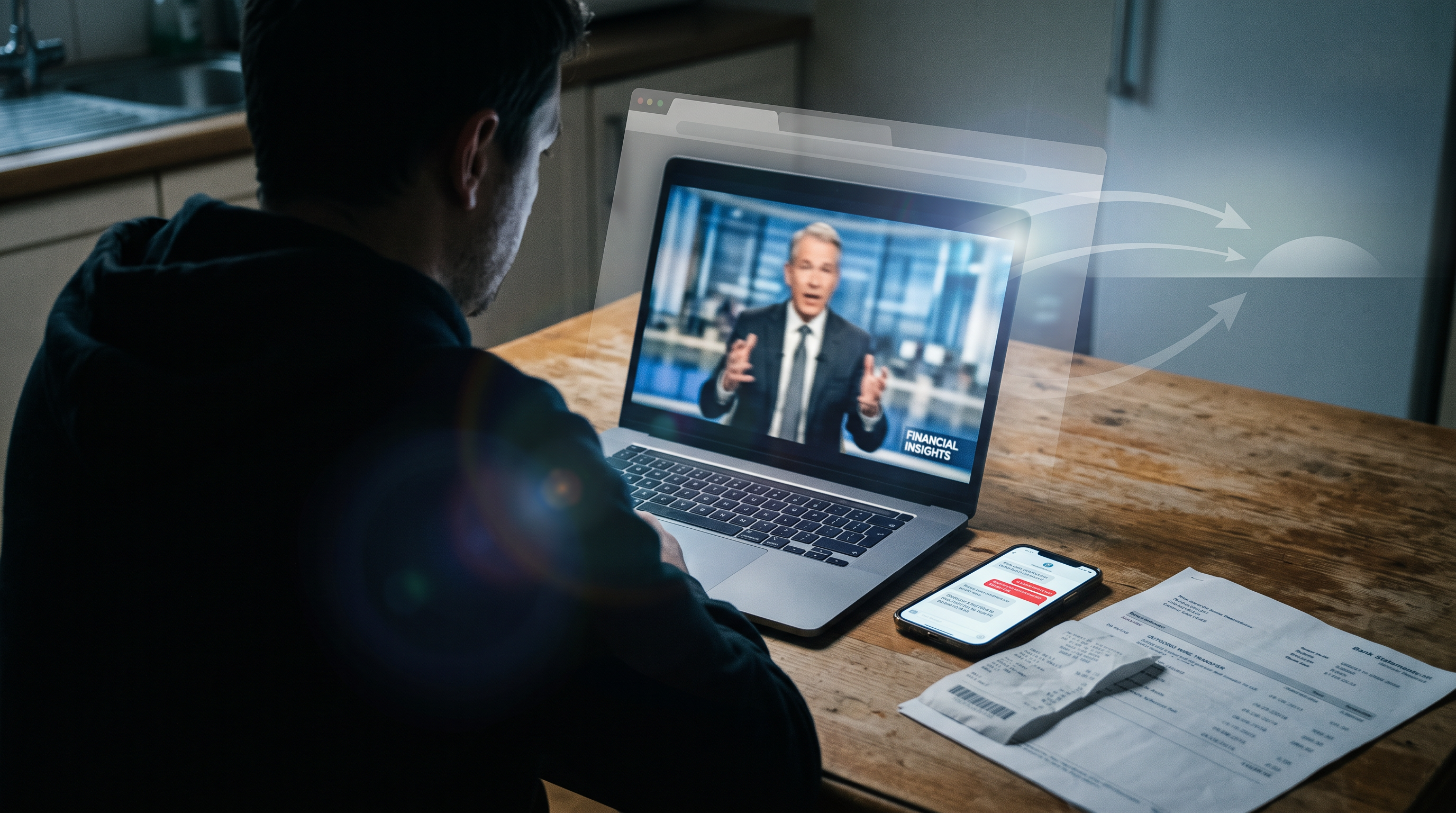 A computer screen displaying a realistic AI-generated deepfake video of a financial personality promoting a fake investment opportunity