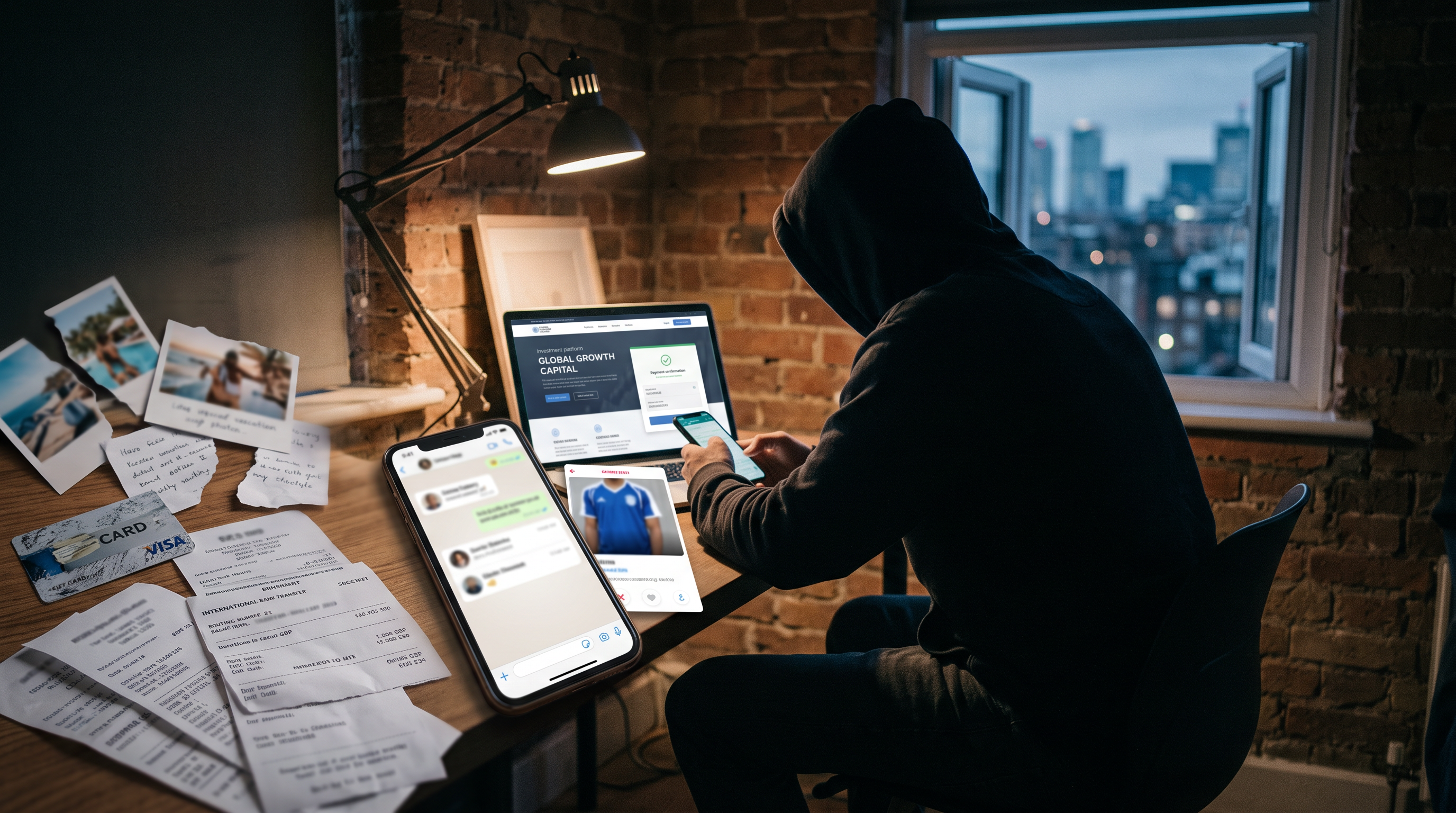Handcuffs beside a smartphone showing a fake NFL athlete dating profile in a romance scam investigation
