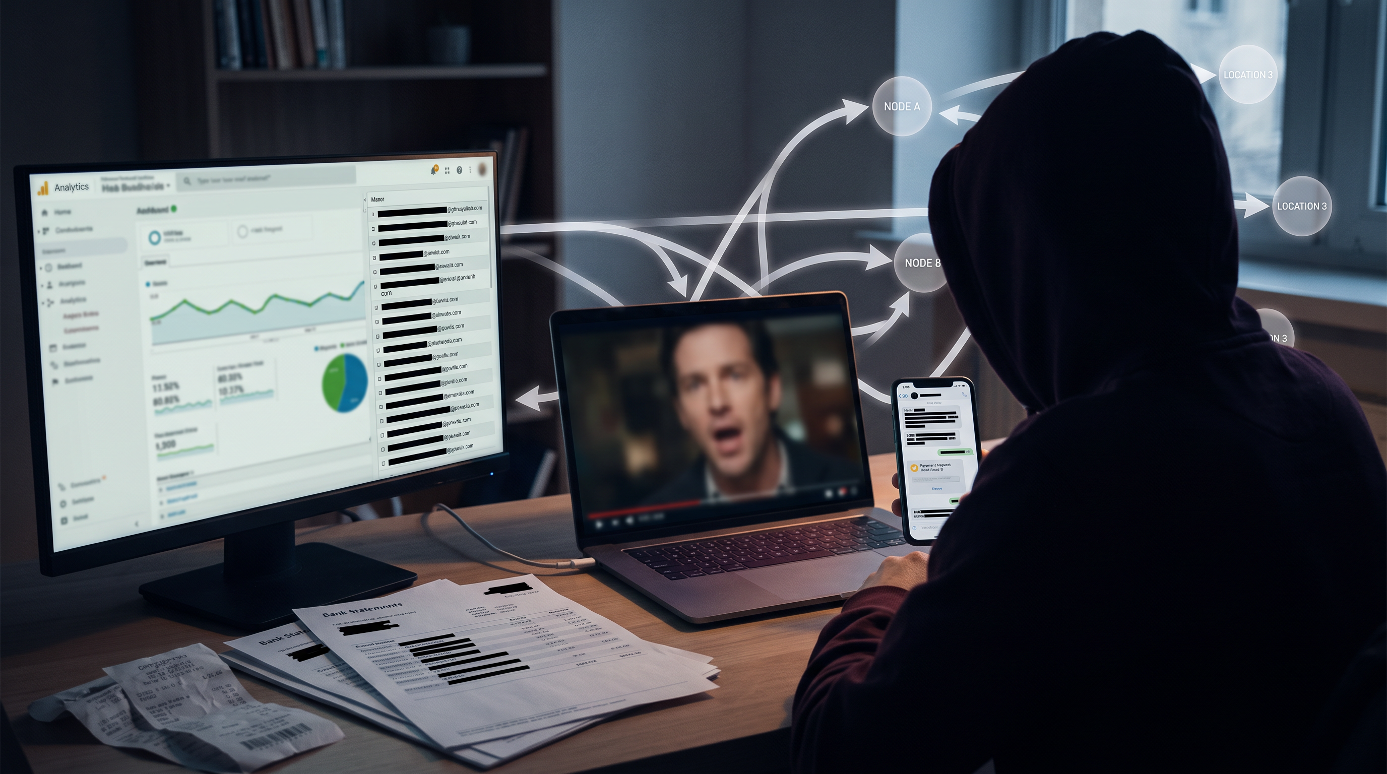 AI-generated deepfake video warning screen showing a celebrity face swap on a laptop display