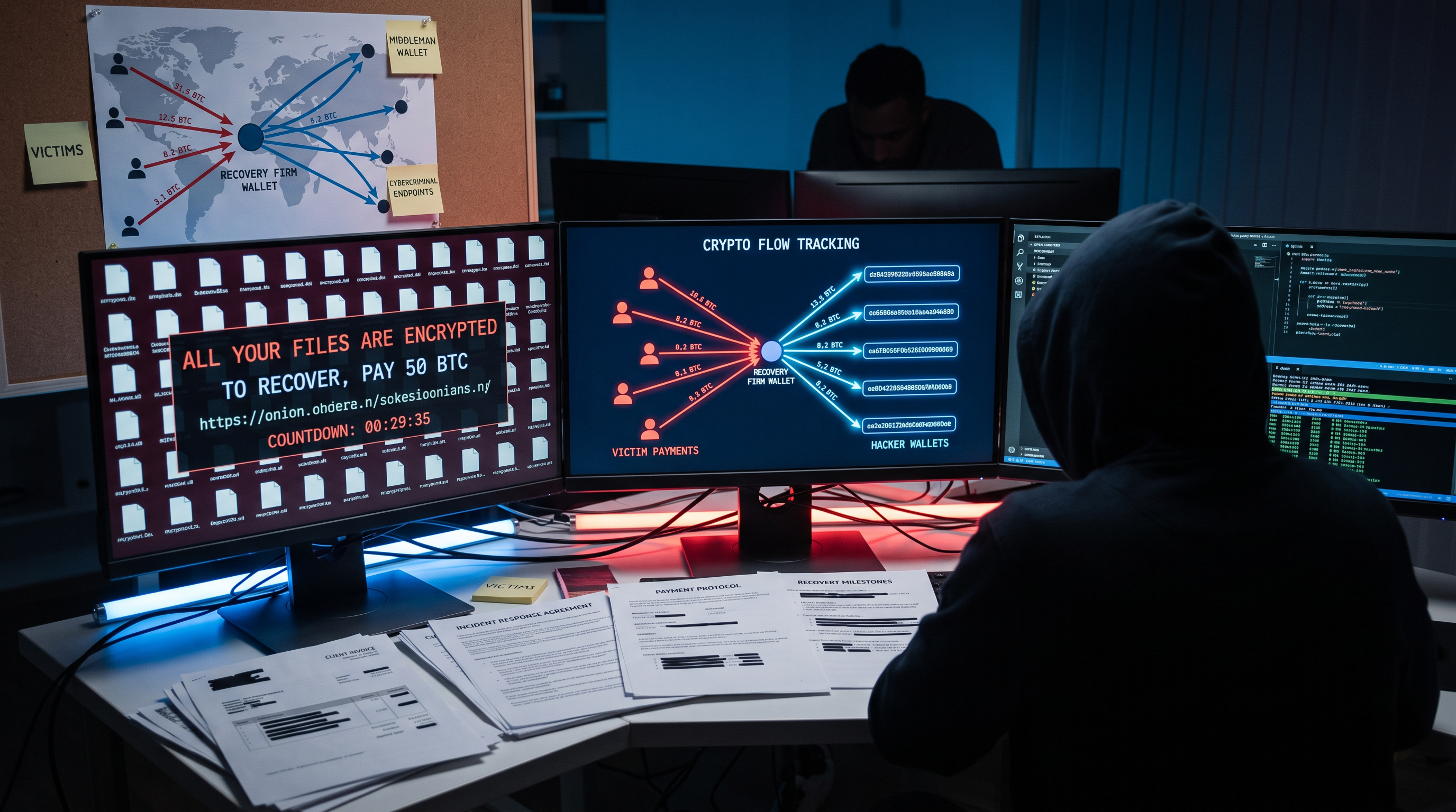 Dark server room with a laptop on a desk showing a locked screen and a ransom demand message