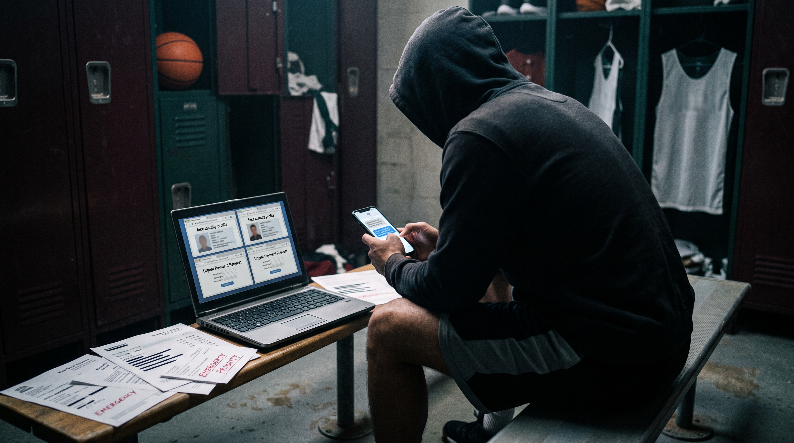 Empty college basketball court with a gavel and legal documents on a courtroom bench in the foreground