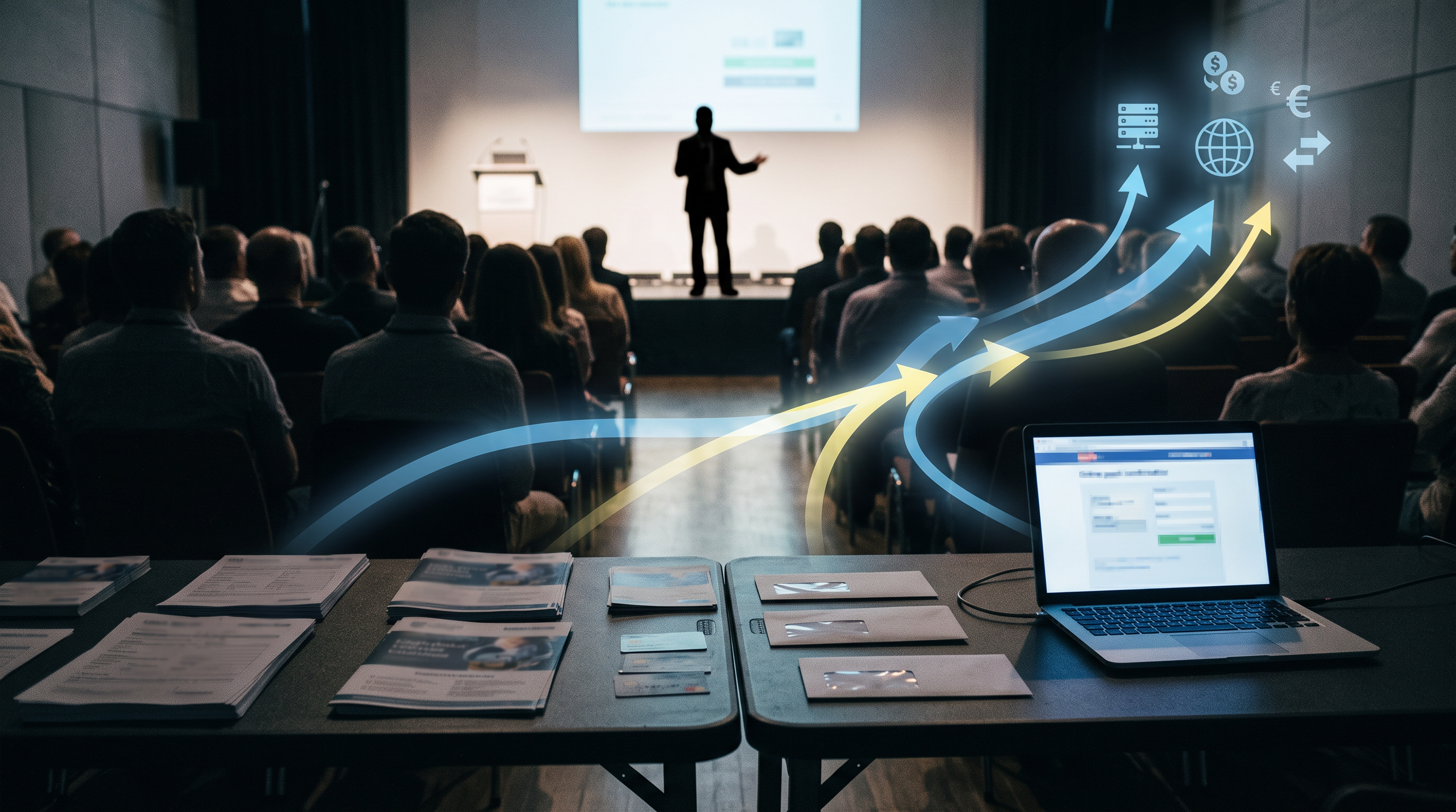 Crowd at a large faith-based wealth seminar event with stage lighting and speaker podium