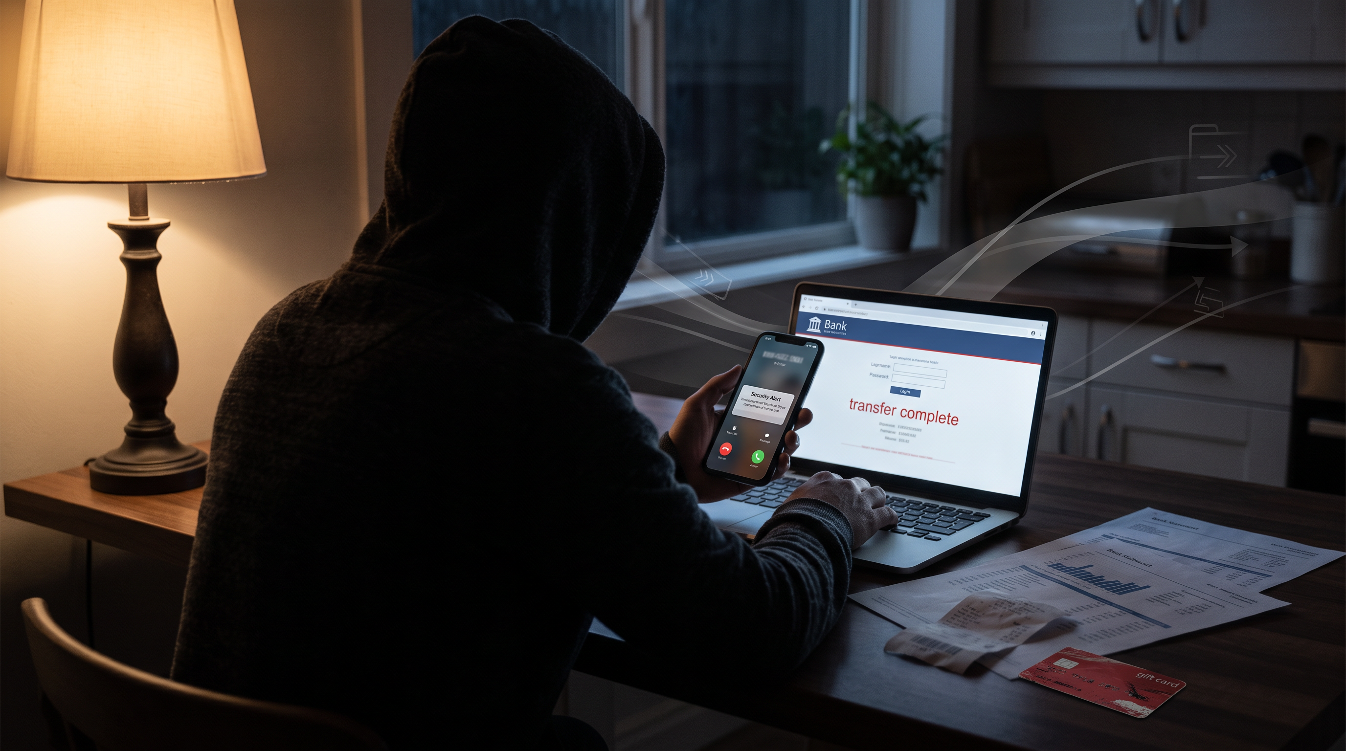 A worried woman on the phone next to a computer screen showing a brokerage account, representing a Charles Schwab impostor phone scam