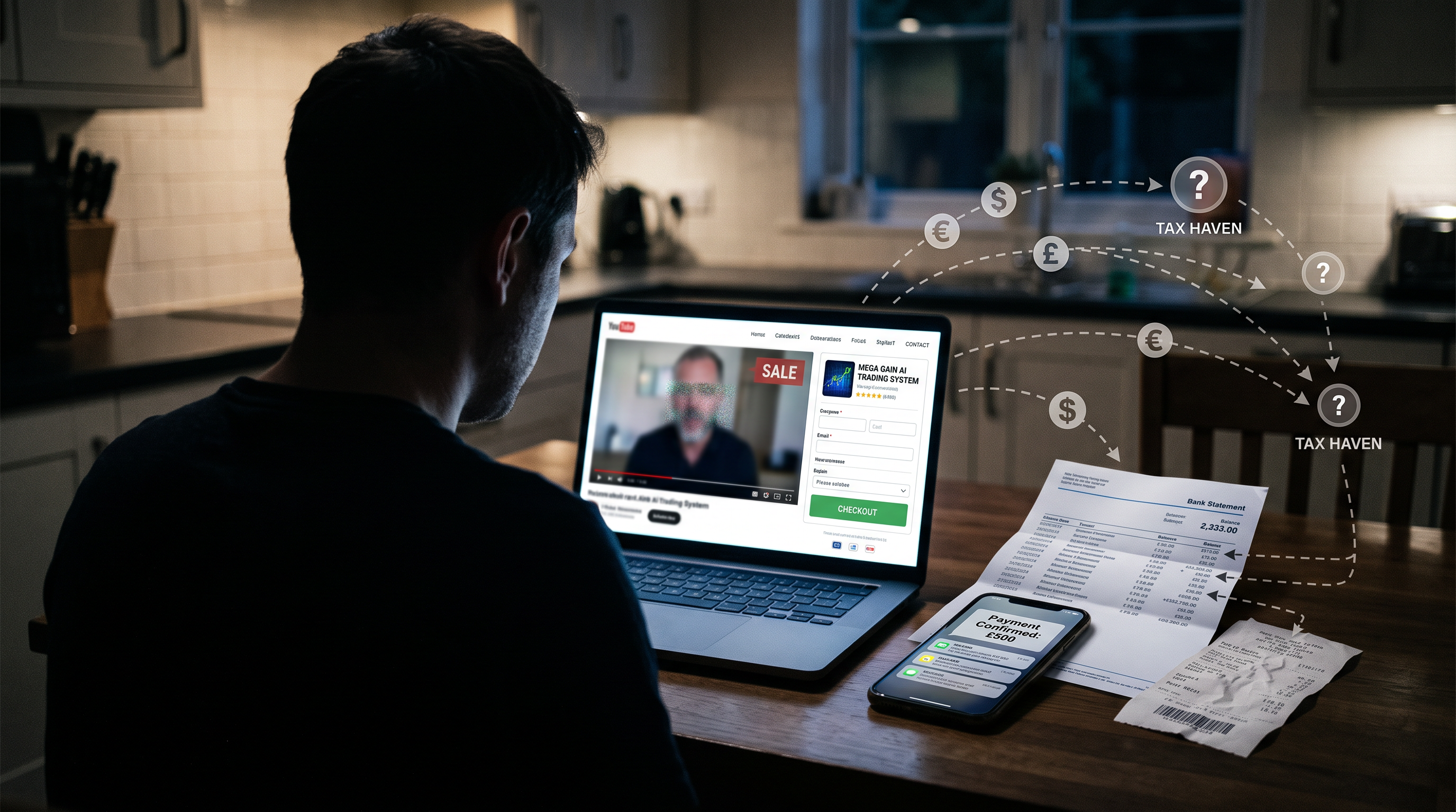 Person viewing a suspicious AI-generated investment video on a laptop screen showing a fake financial celebrity endorsement