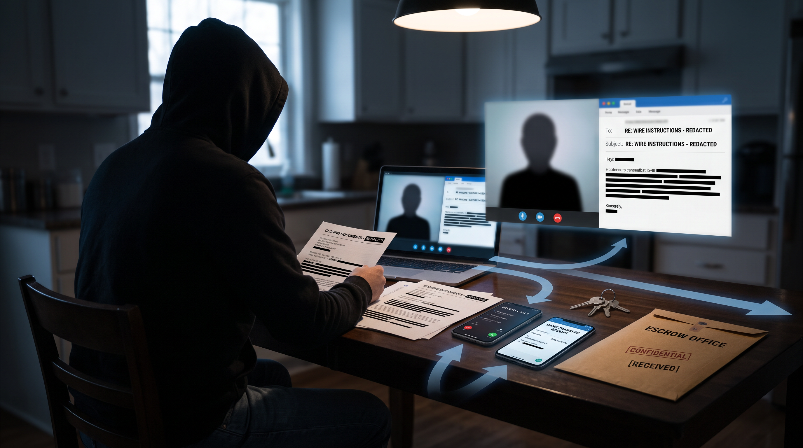 A stressed homebuyer holding a phone and reviewing closing documents, symbolizing AI voice-cloning wire fraud scam