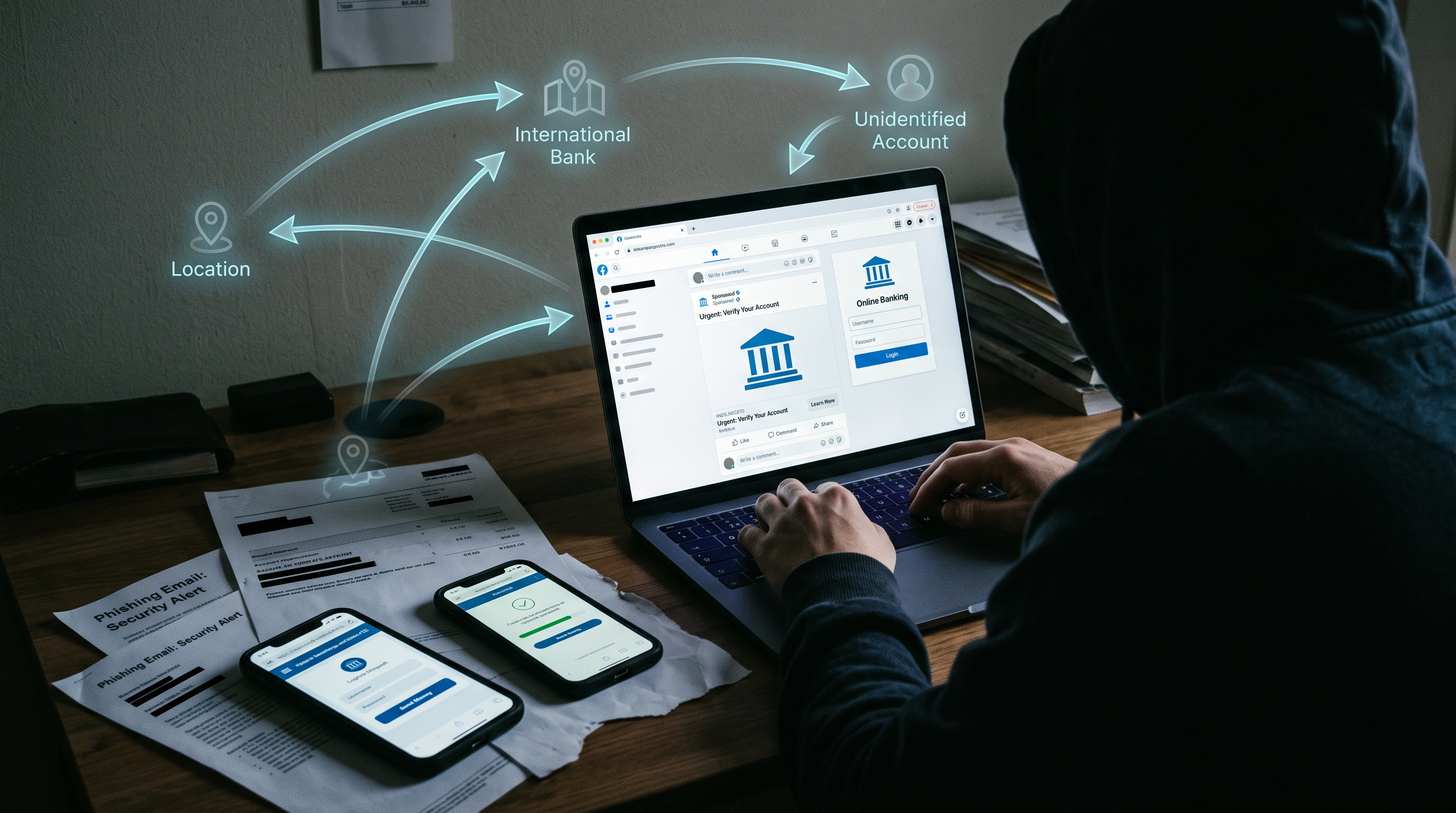 Illustration of a fraudulent bank advertisement on a social media platform harvesting login credentials from users