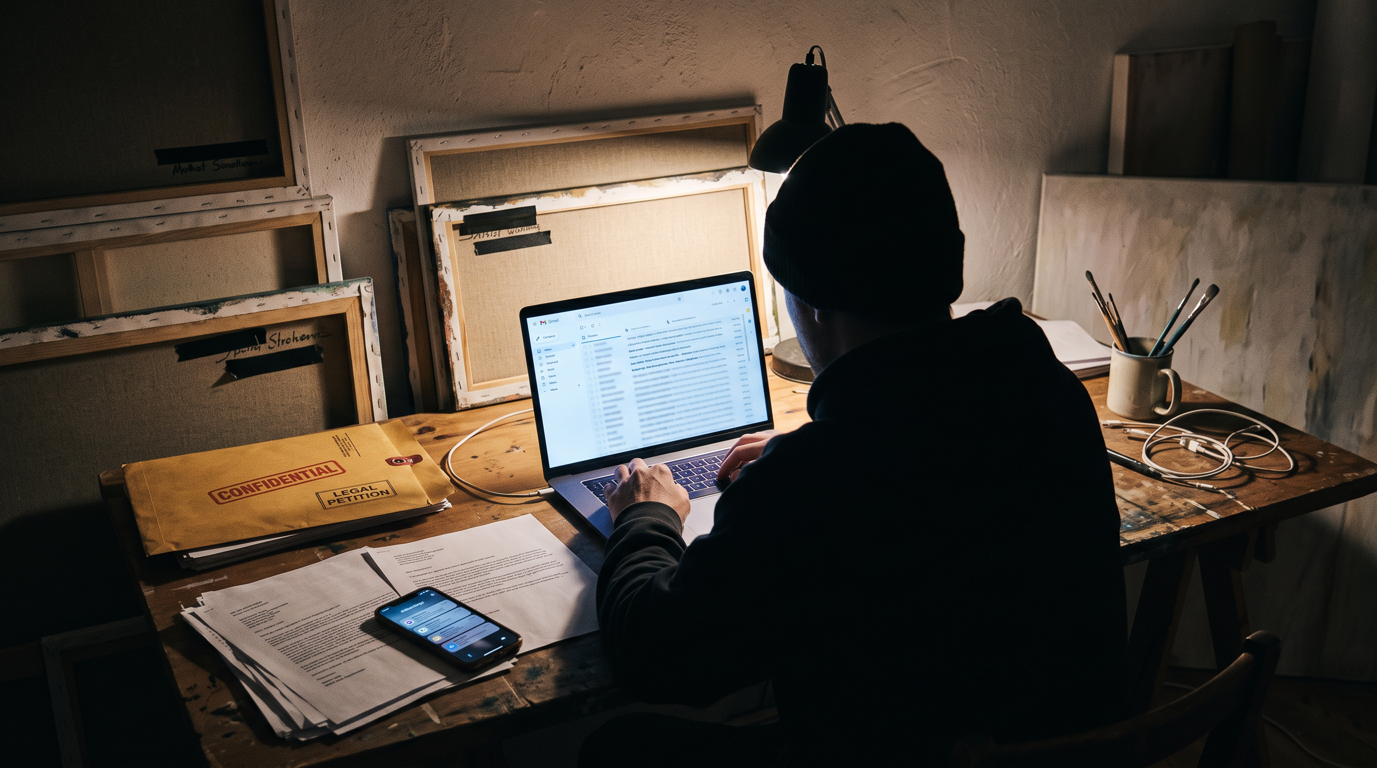 A woman artist at a studio desk reviewing suspicious emails on a laptop, representing an email impersonation scam targeting painters