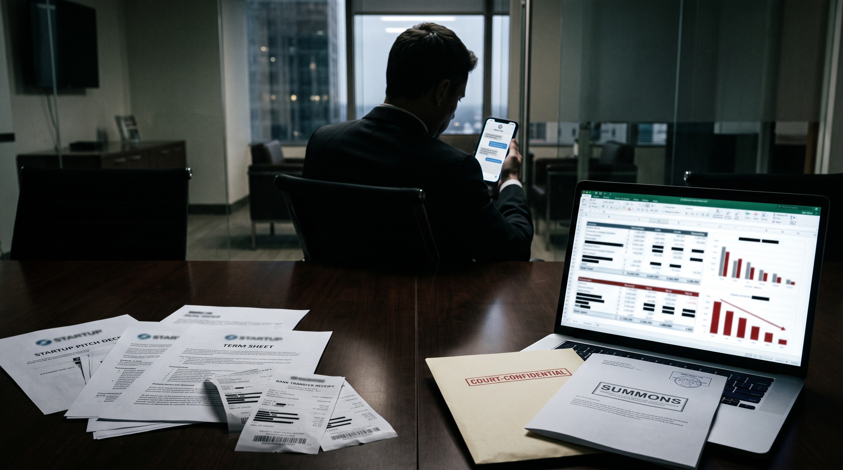 Courtroom gavel beside a mental health startup logo and investment documents representing the Wondermind fraud lawsuit