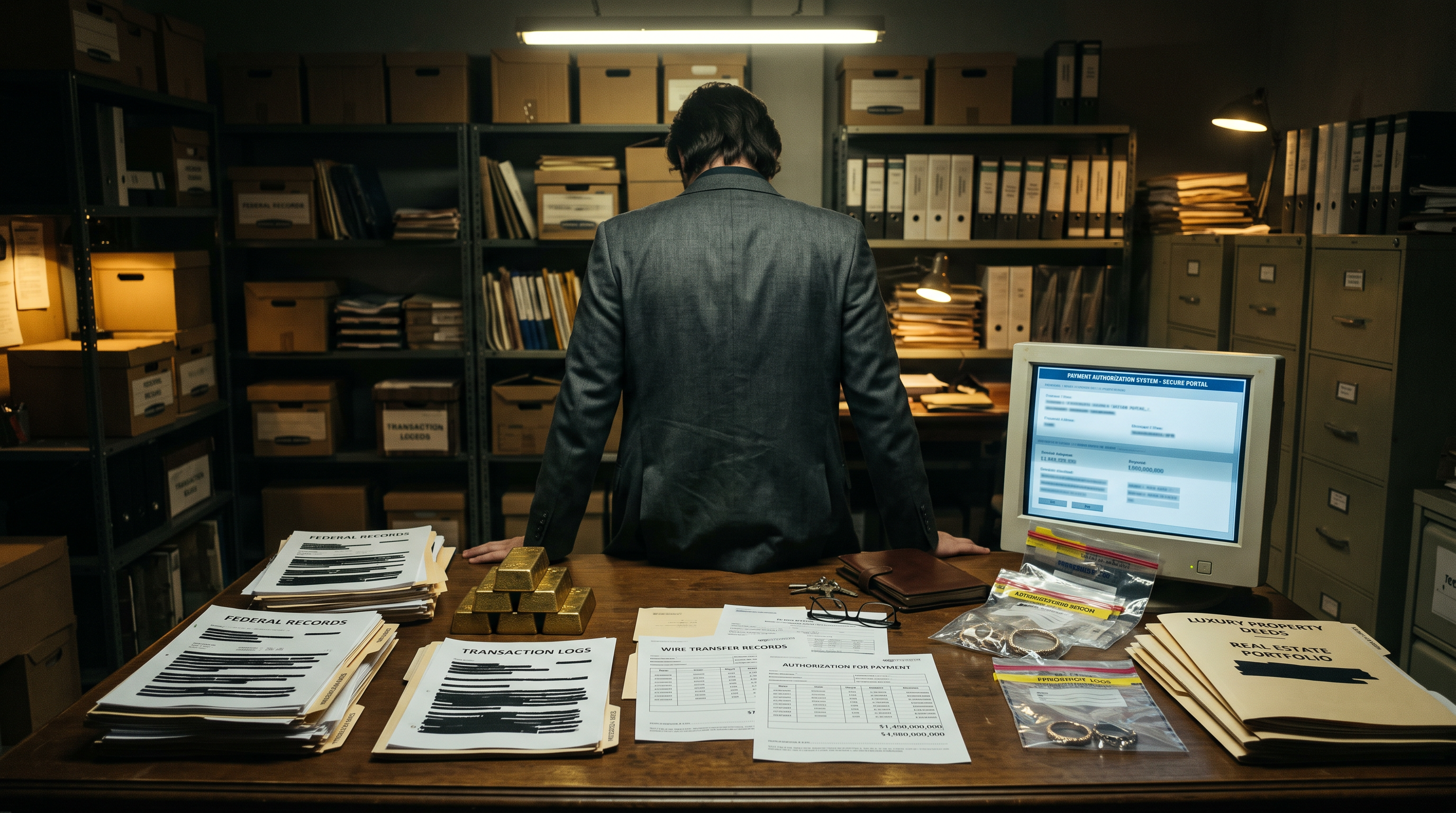 Stacked gold bars on a table in front of a federal courthouse building