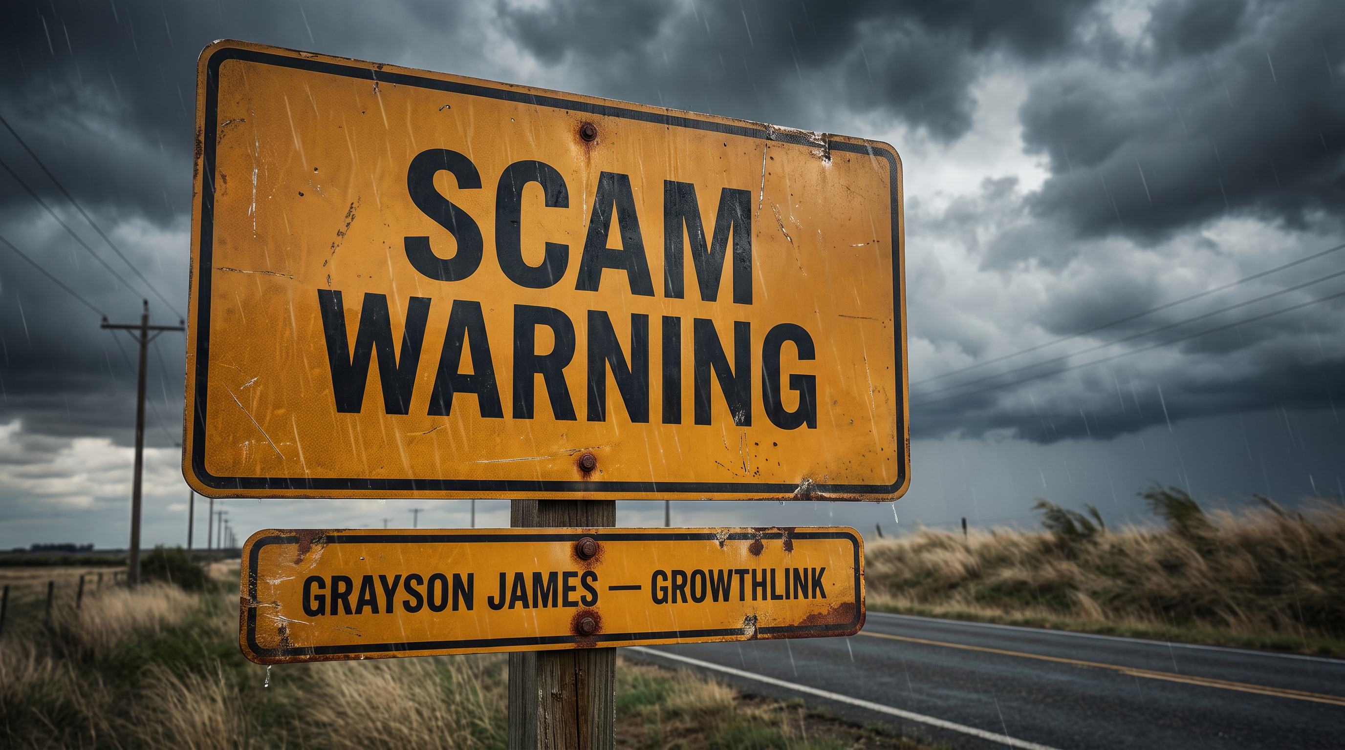 Grayson James scam warning sign referencing the GrowthLink blacklist report